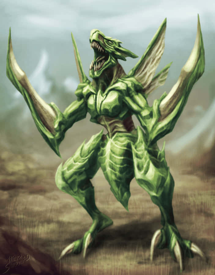 Scyther 桌布 壁紙 — 一隻帶有鋒利爪子和翅膀的兇猛綠色龍狀生物，在陰雲密佈的天空下猛烈咆哮。