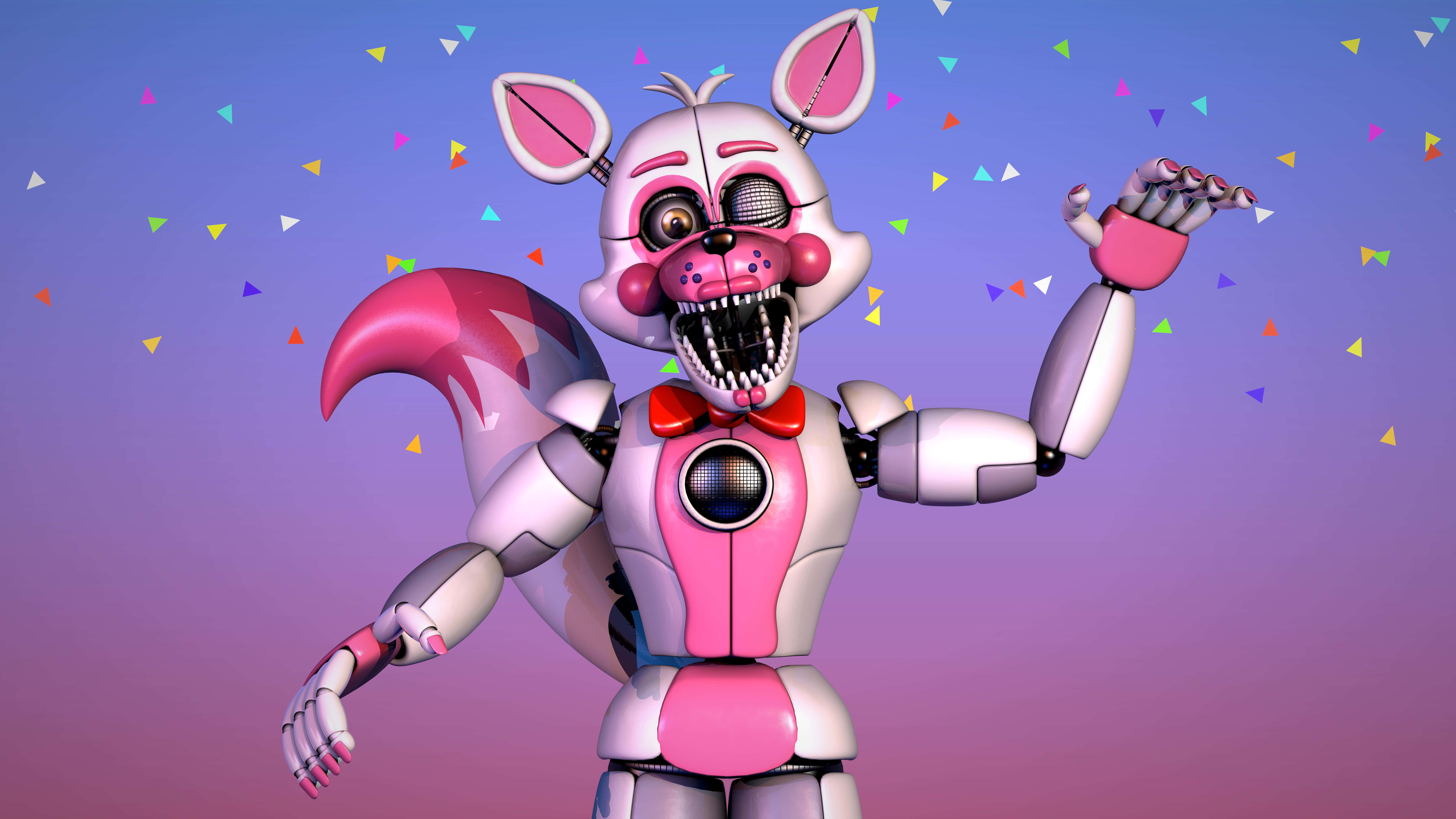 Fnaf Sister Location 桌布 壁紙 — 一隻帶有鋒利牙齒和發光眼睛的兇猛粉紅色電子狐狸，在紫色漸變背景上，於飄落的五彩紙屑中跳舞。