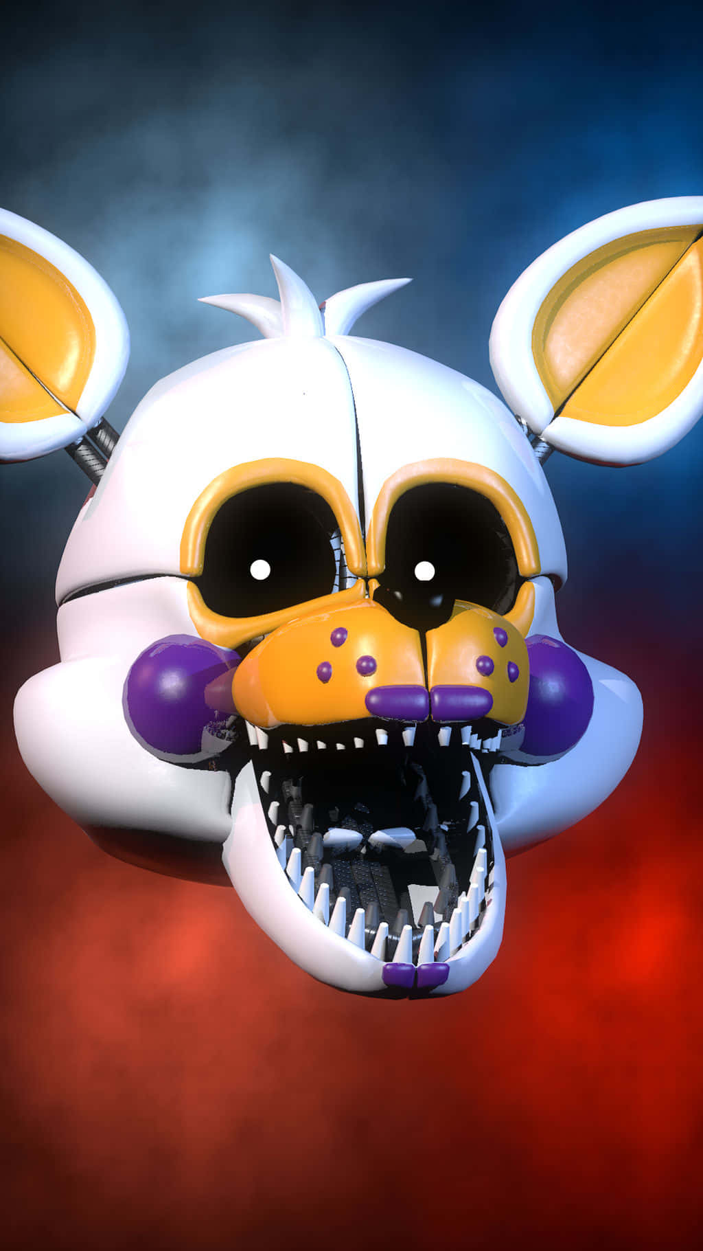 Lolbit 桌布 壁紙 — 一隻帶有鋒利牙齒和發光眼睛的威脅性電子動畫兔子，背景是帶有紅色和藍色燈光的黑暗煙霧環境。
