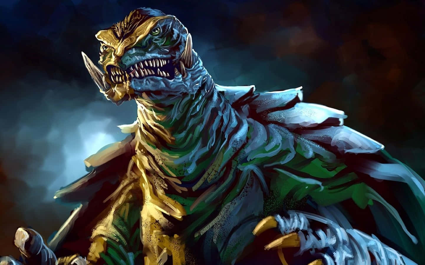 Gamera 桌布 壁紙 — 一隻帶有鋒利牙齒和發光眼睛的威脅性金色和綠色龍在黑暗煙霧背景中咆哮。