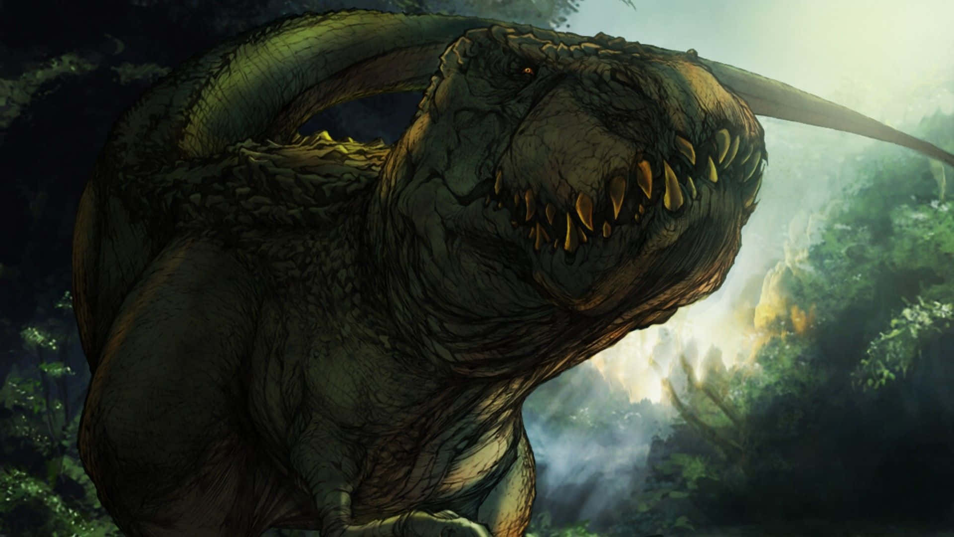 Cool Dinosaur 桌布 壁紙 — 一隻帶有鋒利牙齒和發光眼睛的恐龍，在斑駁陽光照耀下的迷霧叢林中咆哮。