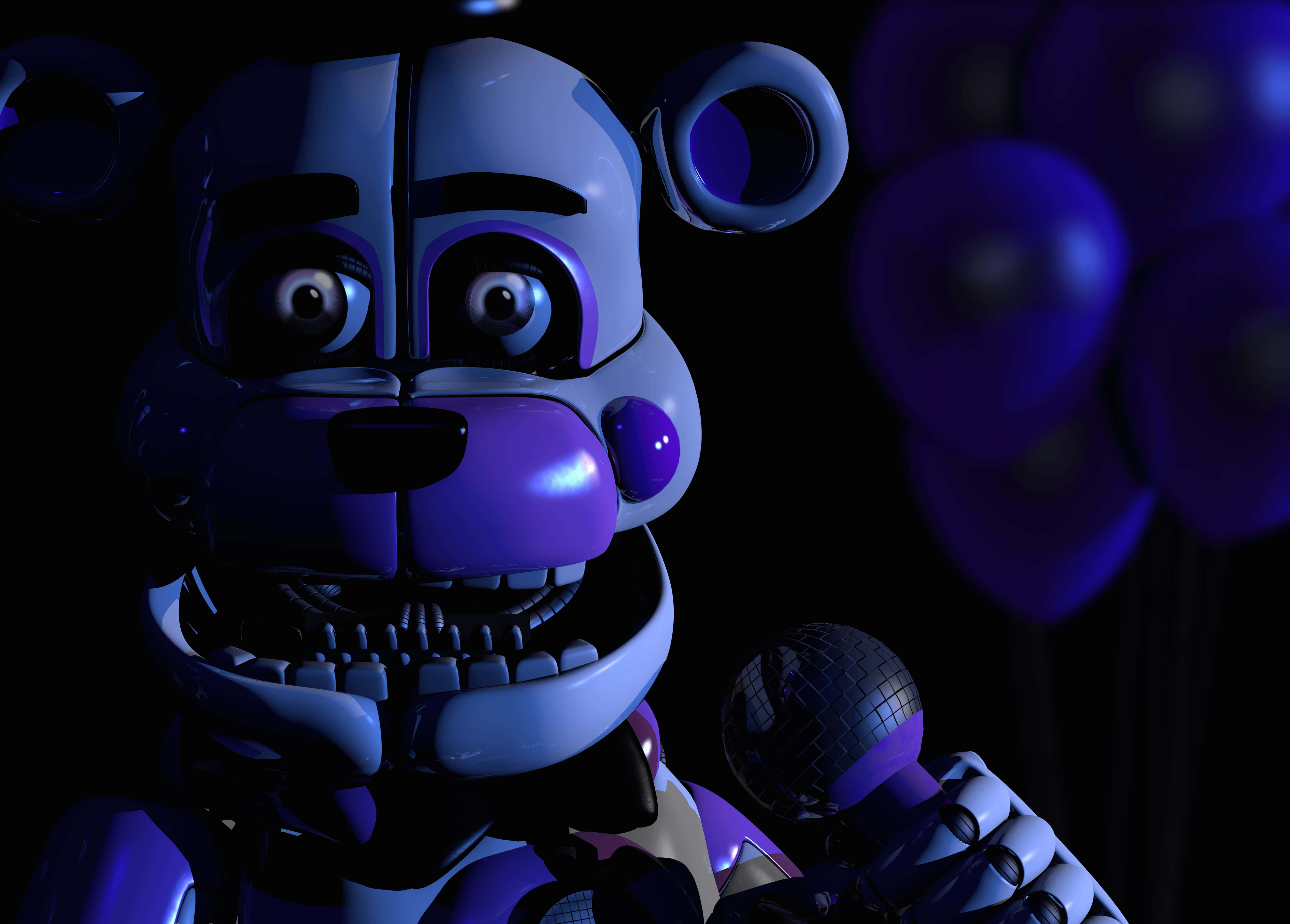 Funtime Freddy 桌布 壁紙 — 一隻帶有鋒利牙齒和發光眼睛的紫色電子熊，在深藍色燈光下拿著麥克風。