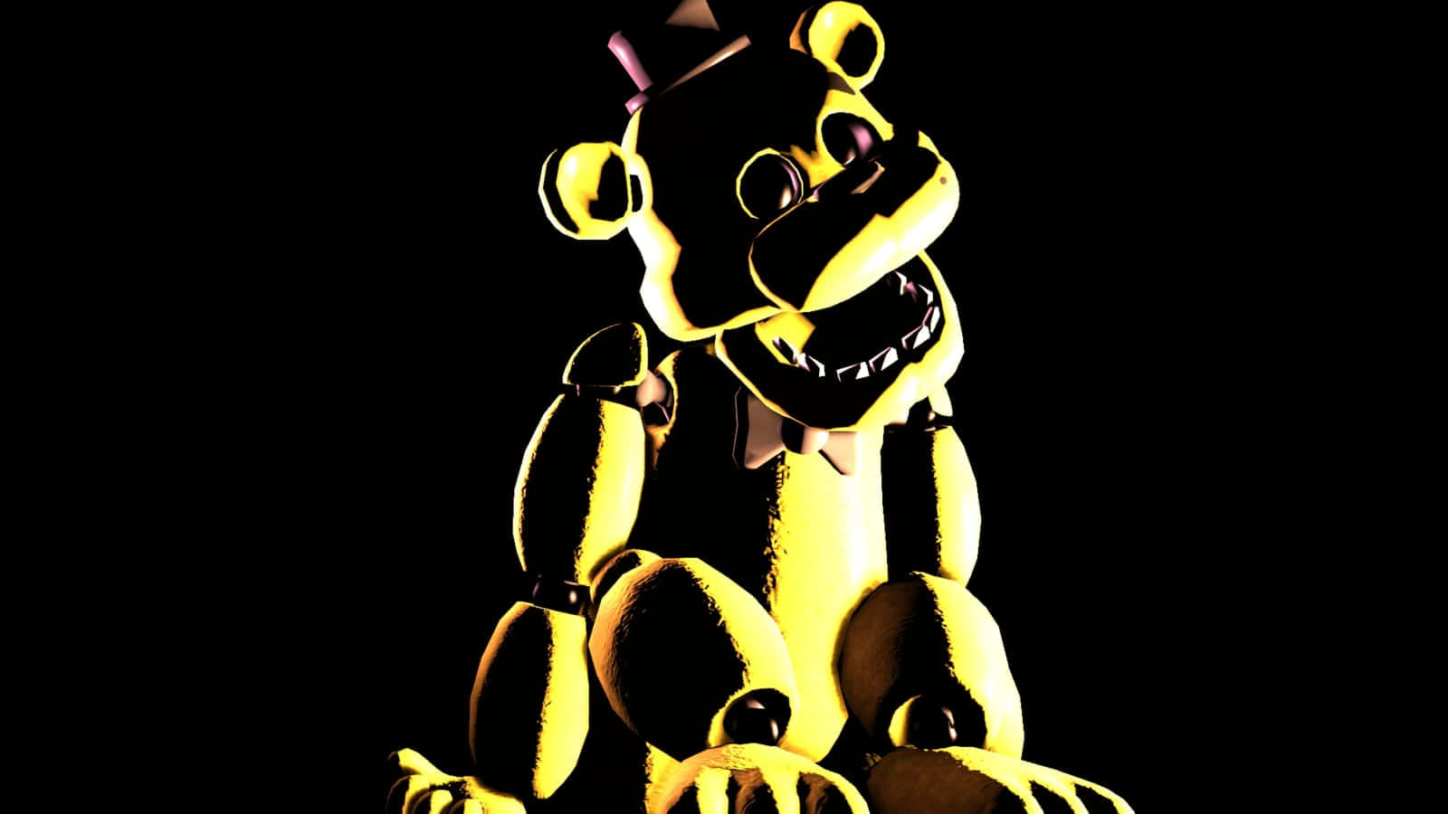 Golden Freddy 桌布 壁紙 — 一隻帶有鋒利牙齒和蝴蝶結的威脅性黃色電子熊在黑色背景上發光。