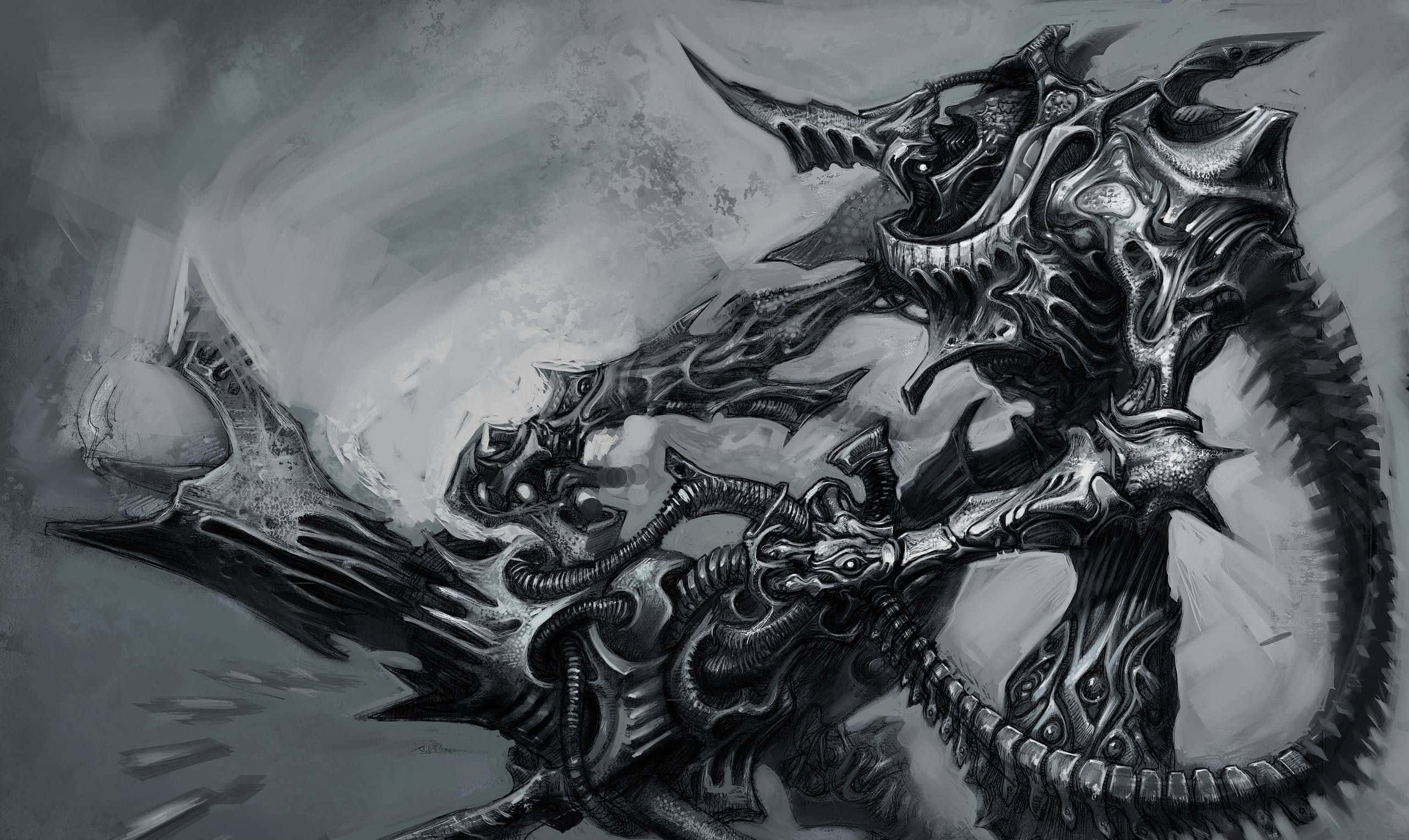 Cool Demon 桌布 壁紙 — 一隻帶有鋸齒狀裝甲和發光眼睛的威脅性生化機械龍，在煙霧灰色背景下咆哮。