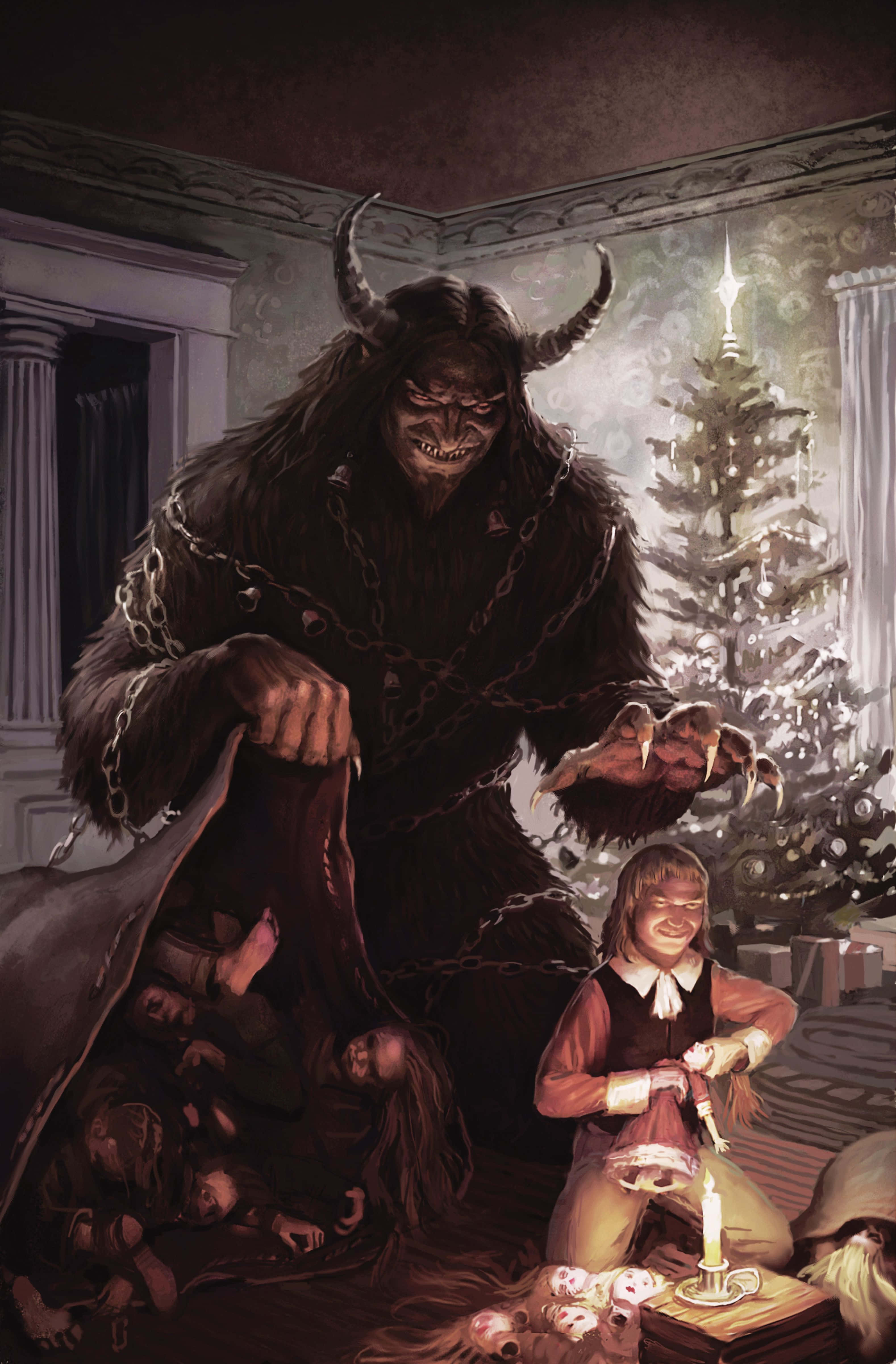 Krampus 桌布 壁紙 — 一隻帶有鎖鏈的長角怪物，在昏暗華麗的房間裡，籠罩在一個發光的聖誕樹旁驚恐的孩子上方。