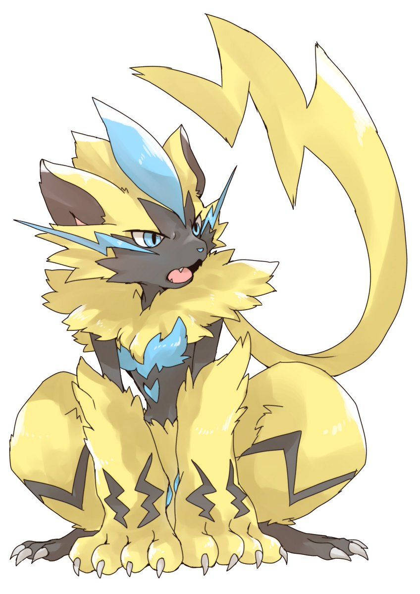 Zeraora 桌布 壁紙 — 一隻帶有閃電圖案的鮮黃色和藍色電屬性寶可夢，在純白背景上警覺地坐著。