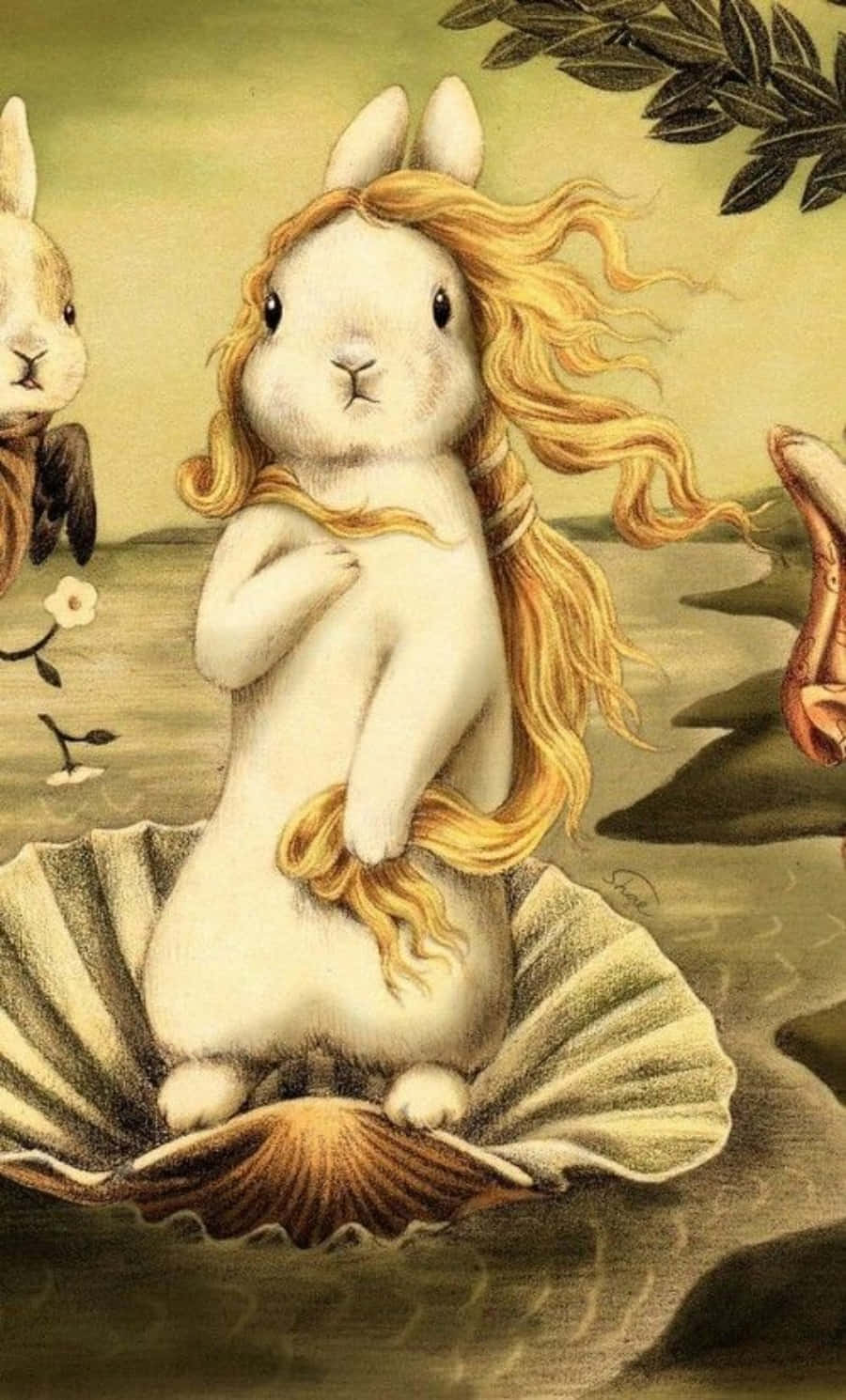 動物 桌布 壁紙 — 一隻帶有飄逸金髮的奇幻插畫兔子，優雅地坐在一個大貝殼中，周圍是寧靜的水景。