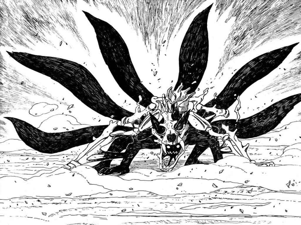 Naruto Manga 桌布 壁紙 — 一隻帶有骨骼特徵和鋒利爪子的威脅性九尾狐從旋轉的沙中出現，形成一幅戲劇性的黑白插圖。