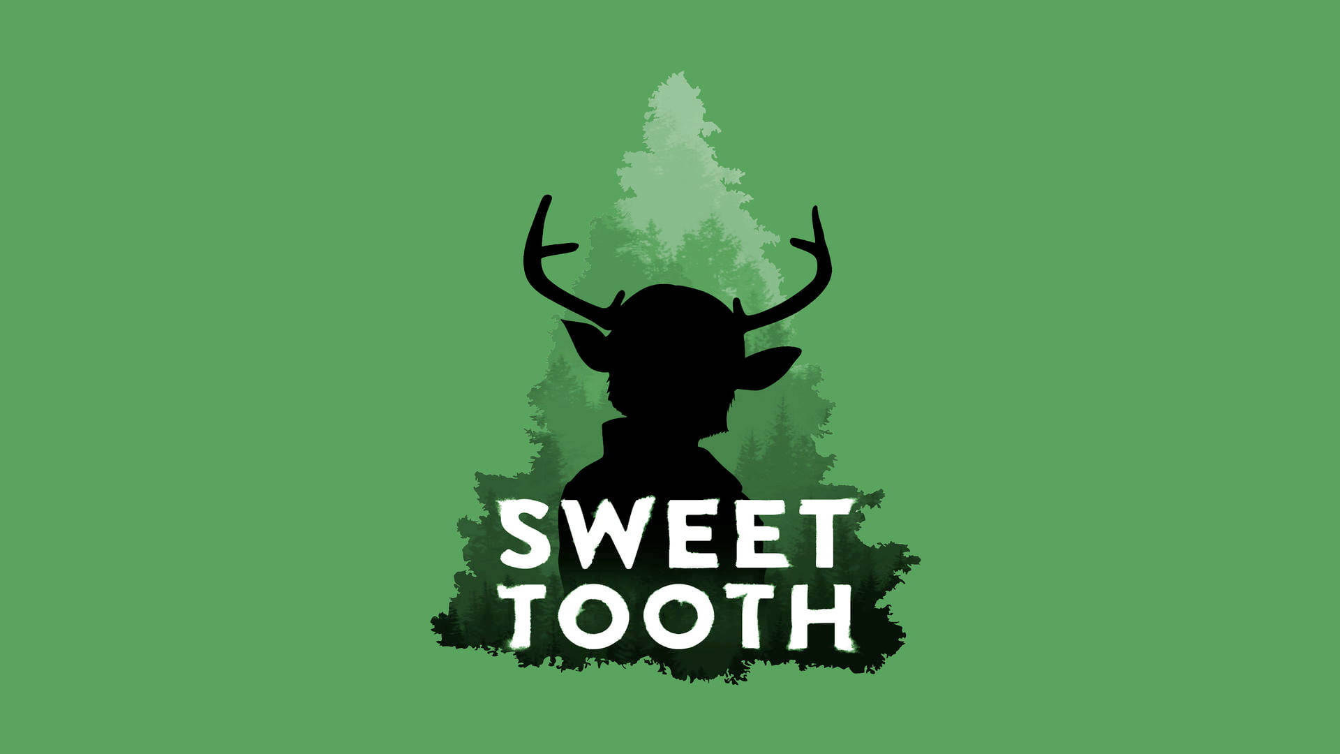 Tooth 桌布 壁紙 — 一隻帶有鹿角的黑色鹿剪影站在松樹前，並以粗體白色文字寫著 sweet tooth。