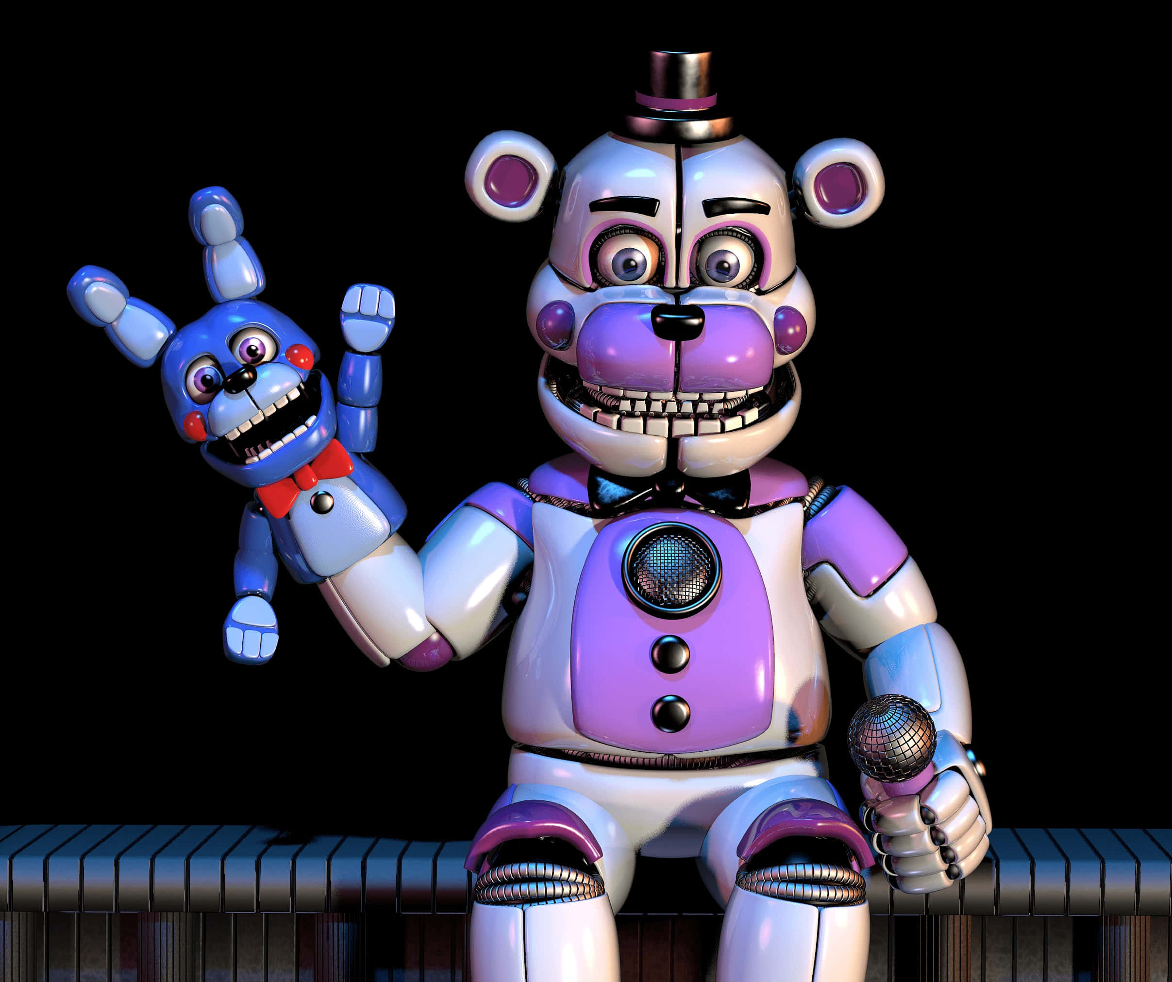 Funtime Freddy 桌布 壁紙 — 一隻帶有麥克風和藍色兔子木偶的威脅性紫色電子熊在黑色背景上揮手。
