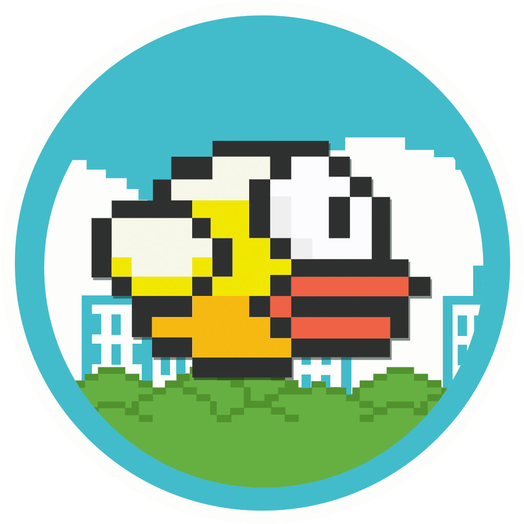 Flappy Bird 桌布 壁紙 — 一隻帶有黃色和黑色條紋的像素化蜜蜂站在圓形框架內的藍天下綠色草地上。
