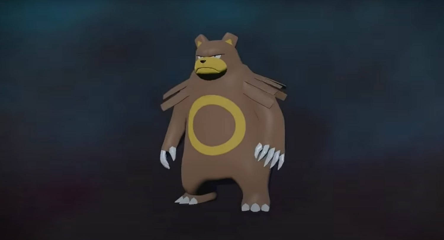 Brown Bear 桌布 壁紙 — 一隻帶有黃色圓形標記的棕色熊狀寶可夢站在黑暗煙霧背景前。