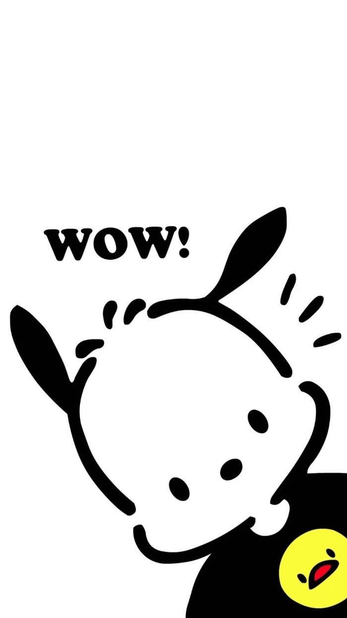 Pochacco 桌布 壁紙 — 一隻帶有黃色圓形細節的極簡黑白卡通兔，以驚訝的表情驚呼 wow。
