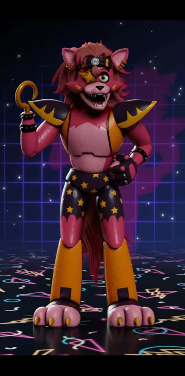 Foxy 桌布 壁紙 — 一隻帶有黃色星星和鉤子的粉紅色機械狐狸，在星空網格天空下的霓虹燈舞台上，顯得威風凜凜。