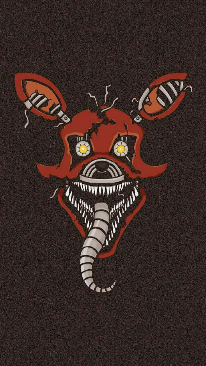 Foxy 桌布 壁紙 — 一隻帶有黃色發光眼睛和尖銳牙齒的威脅性紅色電子動畫狐狸，背景為深色紋理。