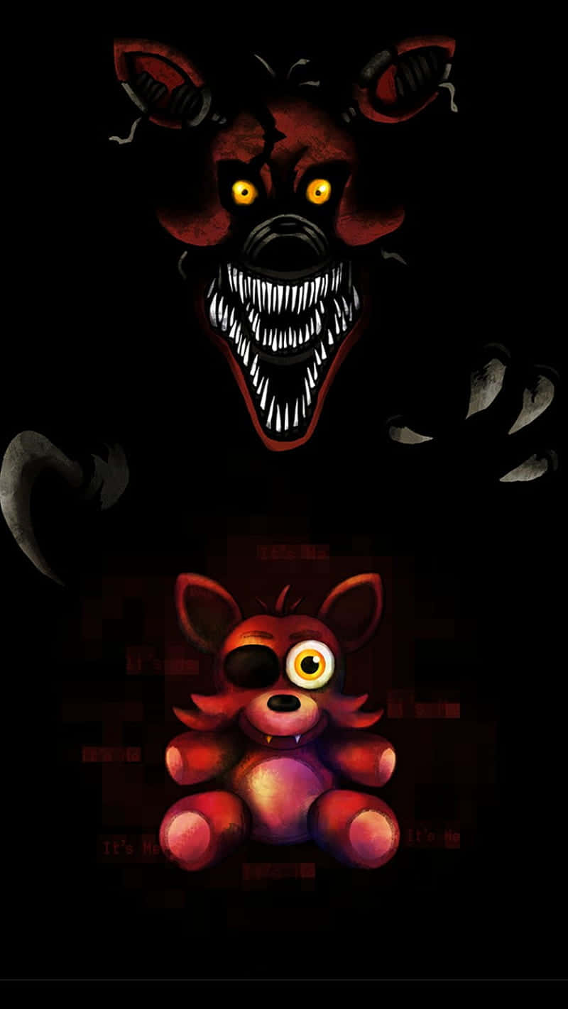 Fnaf Foxy 桌布 壁紙 — 一隻帶有黃色發光眼睛和鋒利牙齒的威脅性紅色電子動畫狐狸，在黑暗背景中俯視著一個較小、破損的自己。