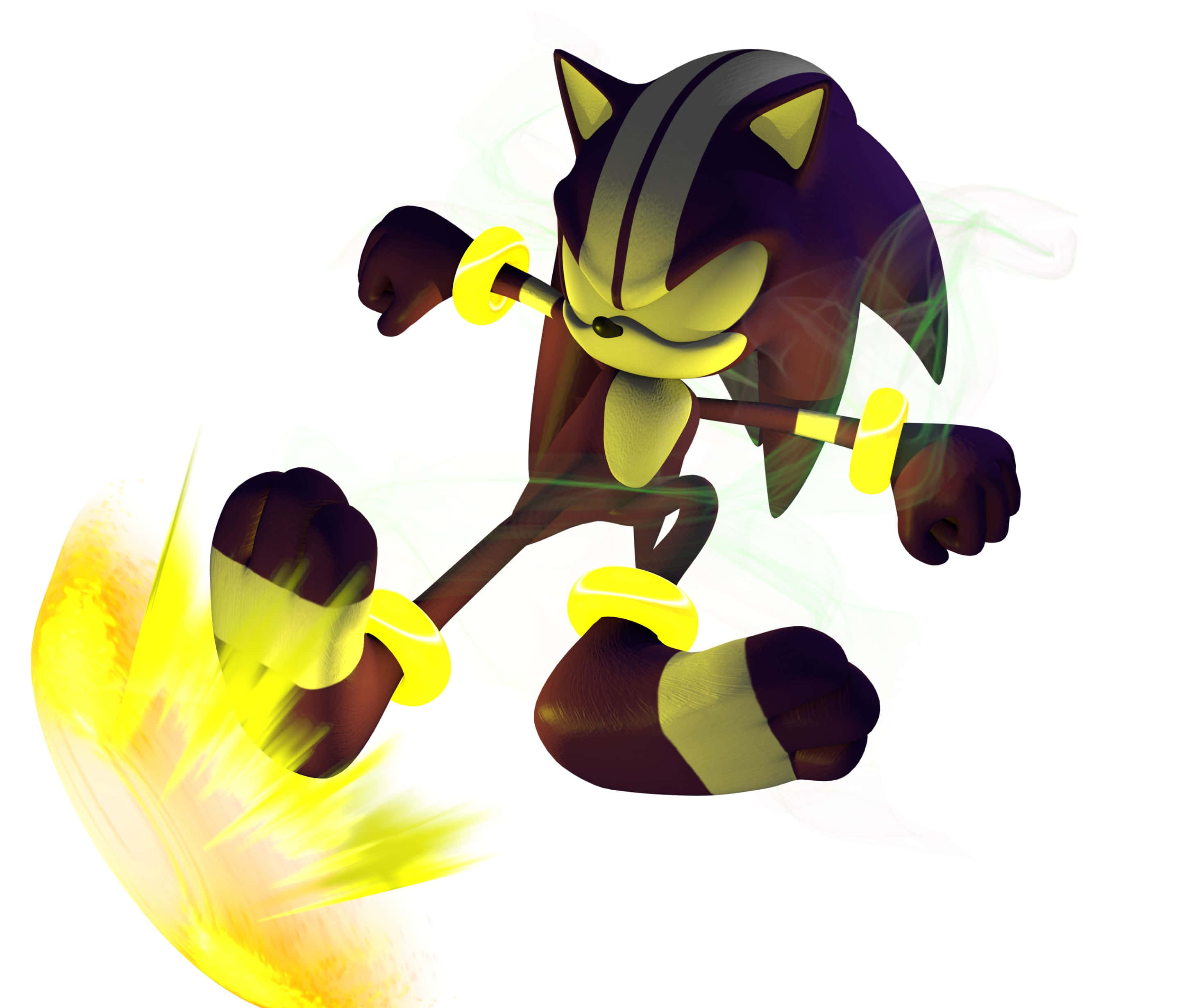 Sonic And The Secret Rings 桌布 壁紙 — 一隻帶有黃色點綴的深色刺蝟高速奔跑，身後留下一條火黃色的痕跡。