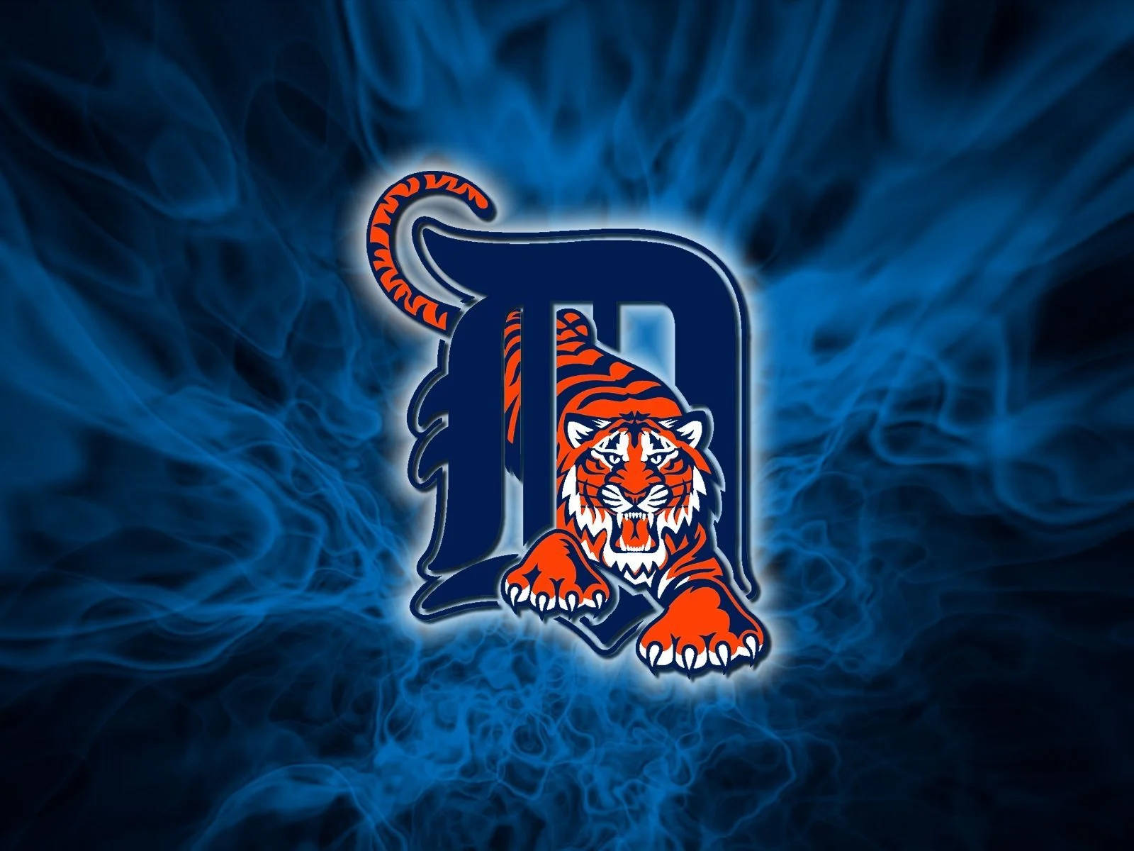 tigers 桌布 壁紙 — 一隻帶有黑色條紋的兇猛橙色老虎從一個風格化的藍色字母D中出現，背景是旋轉的藍色煙霧。