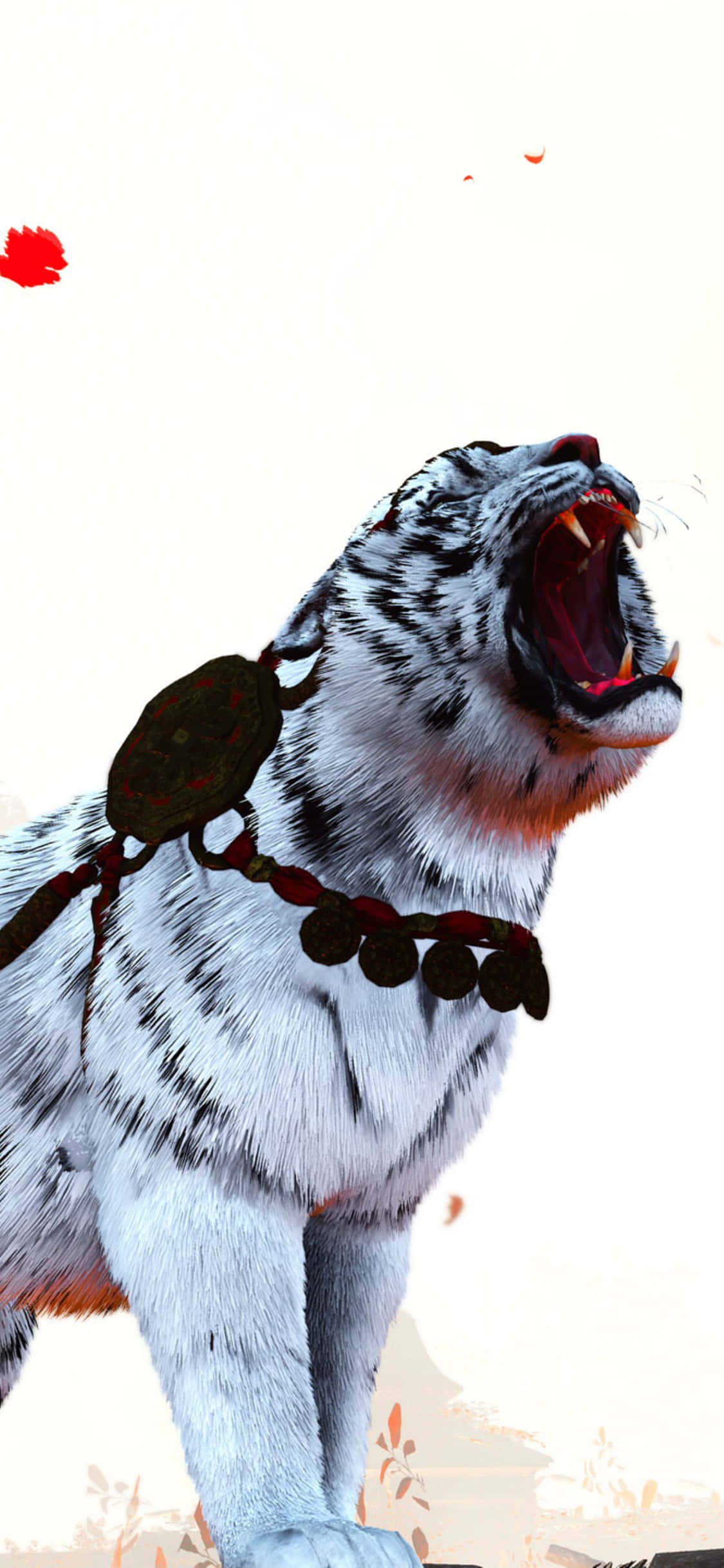 iPhone Xs Far Cry 3 桌布 壁紙 — 一隻帶有黑色條紋的白虎，戴著紅色和棕色的部落項圈，在明亮的背景中，漂浮著紅色花瓣，兇猛地咆哮。