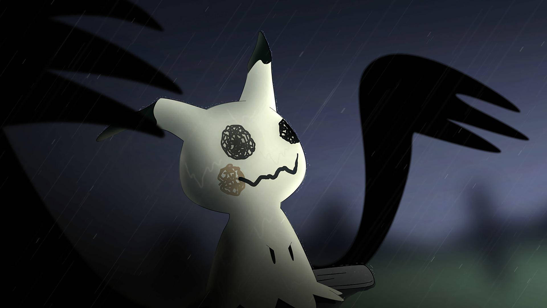 皮卡丘 桌布 壁紙 — 一隻帶有黑色標記的幽靈般白色寶可夢站在雨夜場景中，由翅膀的黑暗剪影框住。