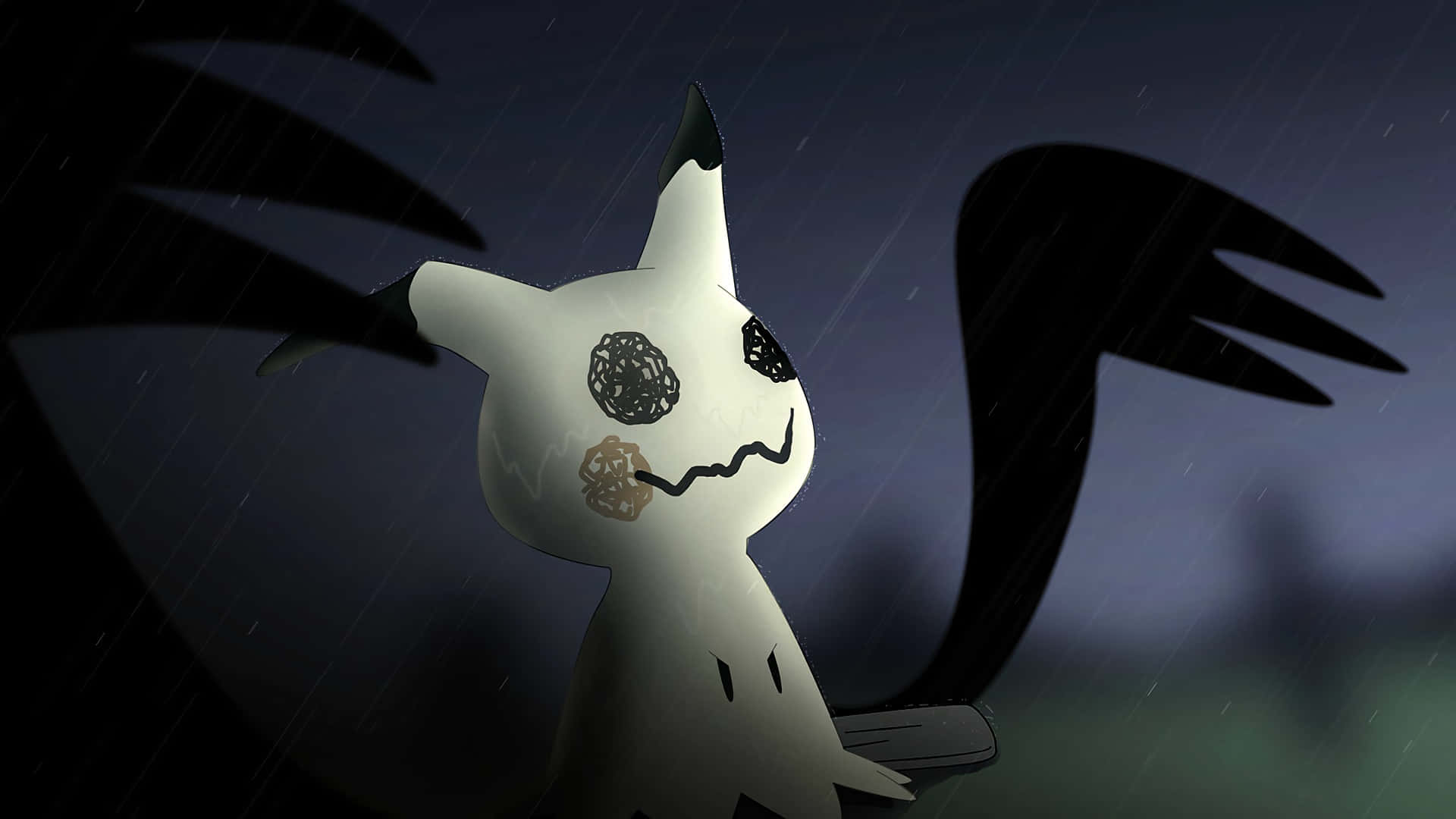 寶可夢 桌布 壁紙 — 一隻帶有黑色標記的幽靈般白色寶可夢站在雨夜場景中，背後有黑暗的翼狀陰影若隱若現。