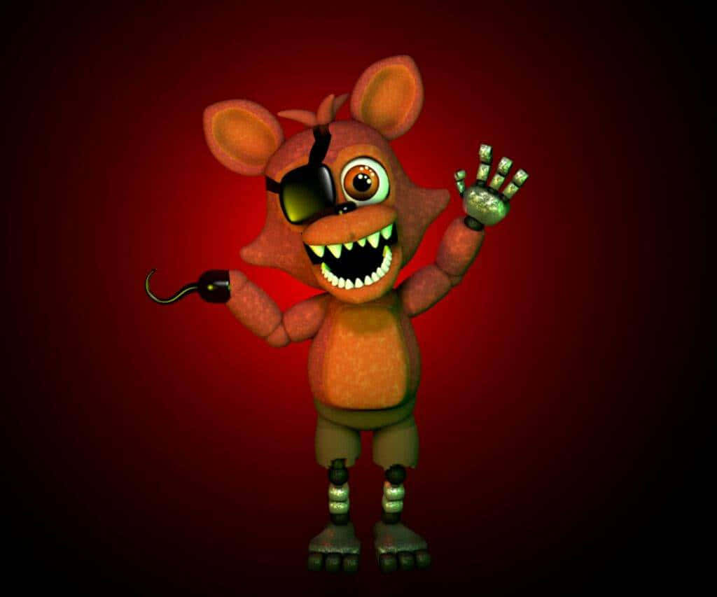 Cute Fnaf 桌布 壁紙 — 一隻帶有黑色眼罩和發光綠色手的威脅性橙色電子動畫狐狸在深紅色漸變背景上揮手。