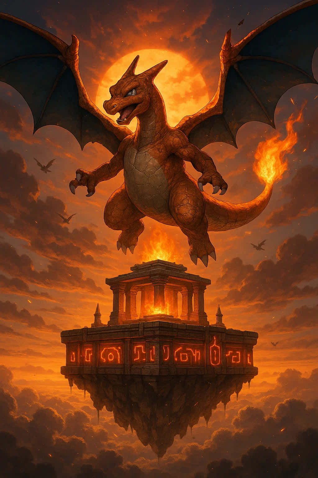 Charizard Pokemon HD Wallpaper WEBP 4K Background Download 壁紙 — 一隻帶有黑色翅膀的火橙色巨龍在夕陽天空下，翱翔於一座散發熔岩光芒的漂浮古老寺廟之上。