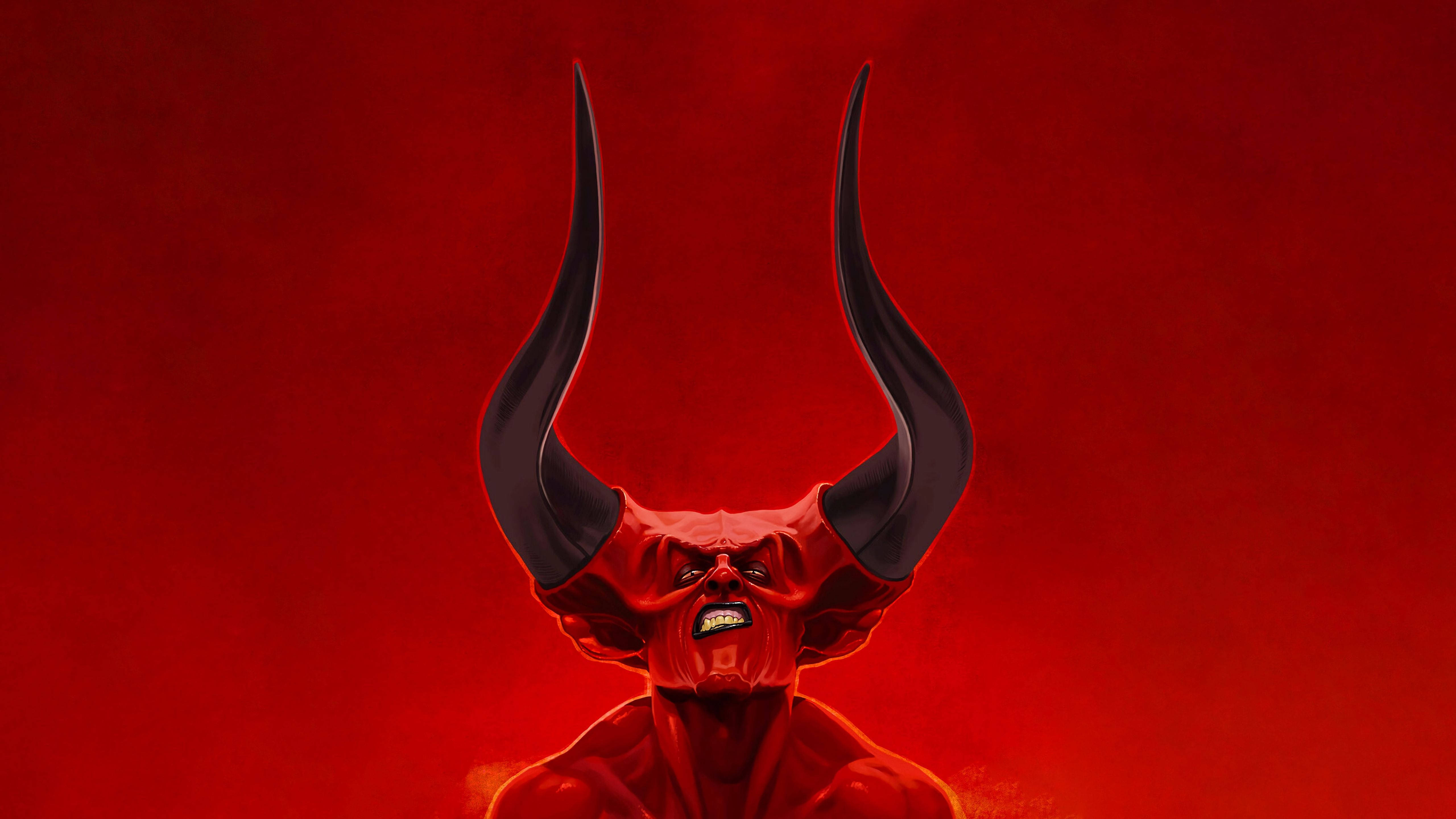 horns 桌布 壁紙 — 一隻帶有黑色角的威脅性紅色惡魔在熾熱的深紅色背景下咆哮。