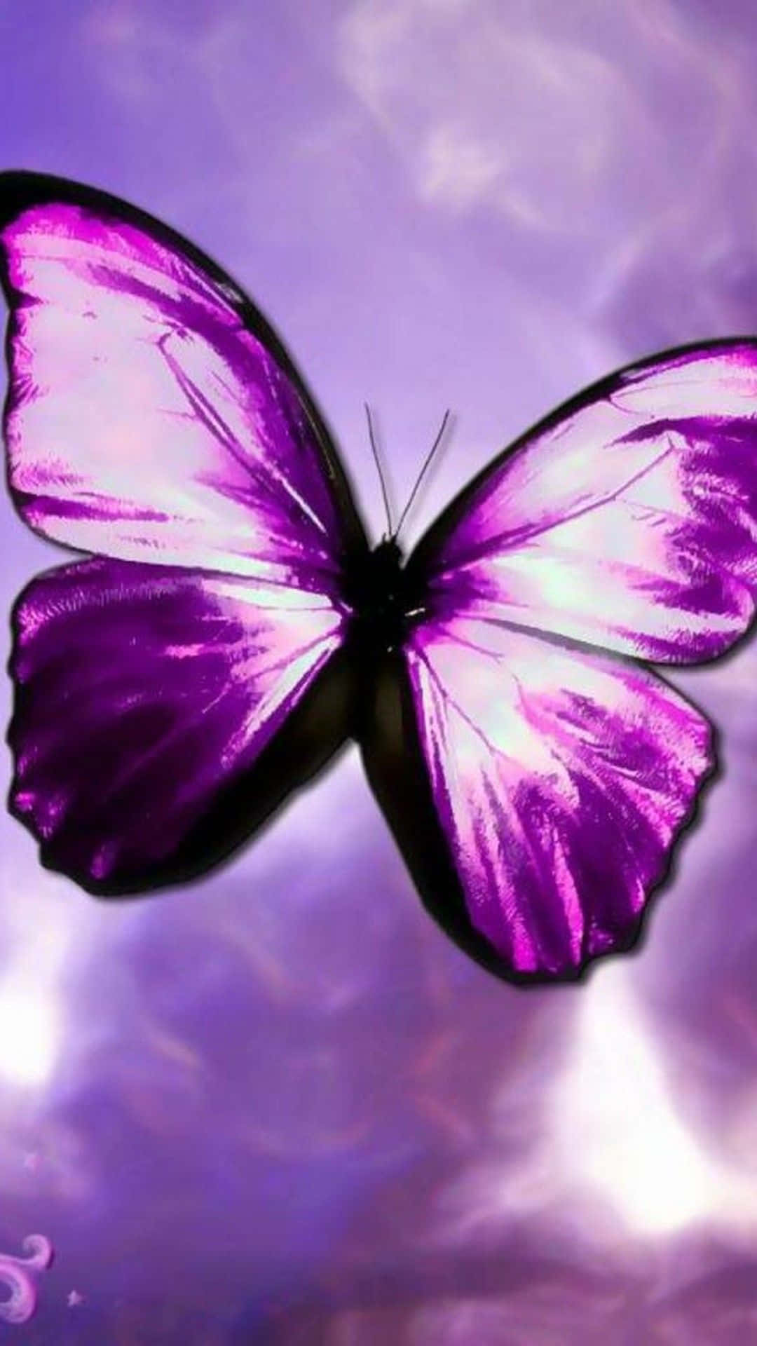 Purple Butterfly iPhone 桌布 壁紙 — 一隻帶有黑色邊緣的鮮豔紫色蝴蝶，在夢幻般旋轉的紫色和白色天空中優雅地滑翔。