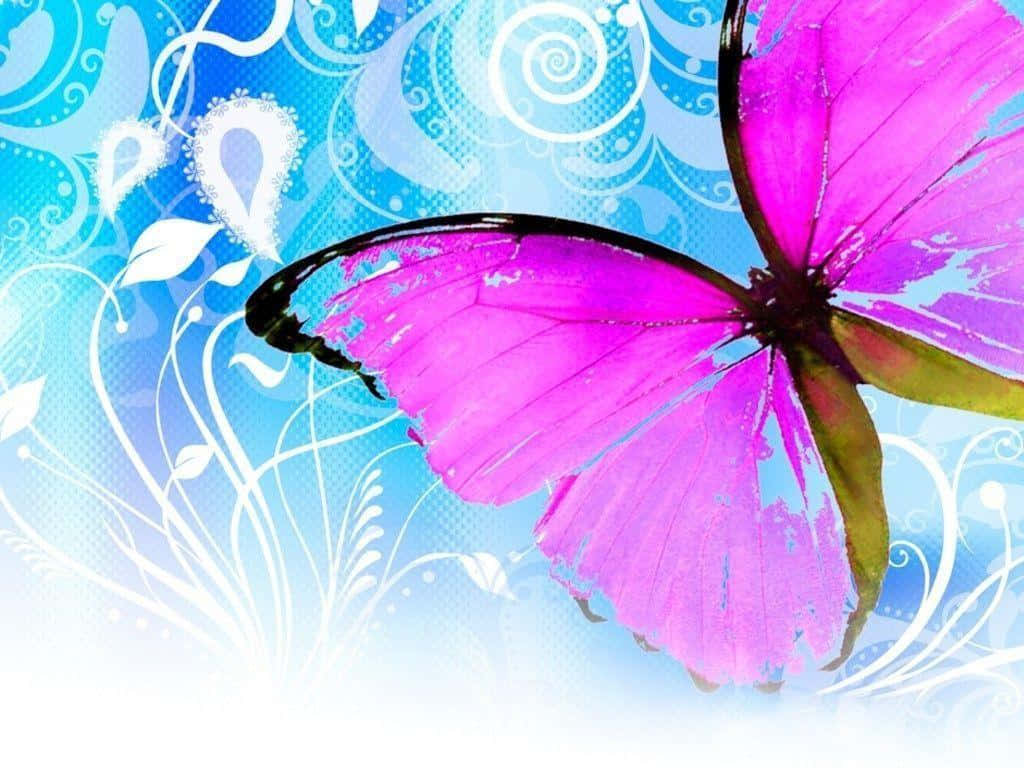 Cool Butterfly 桌布 壁紙 — 一隻帶有黑色邊緣的鮮豔紫色蝴蝶在旋轉的藍白花卉圖案背景上翩翩起舞。