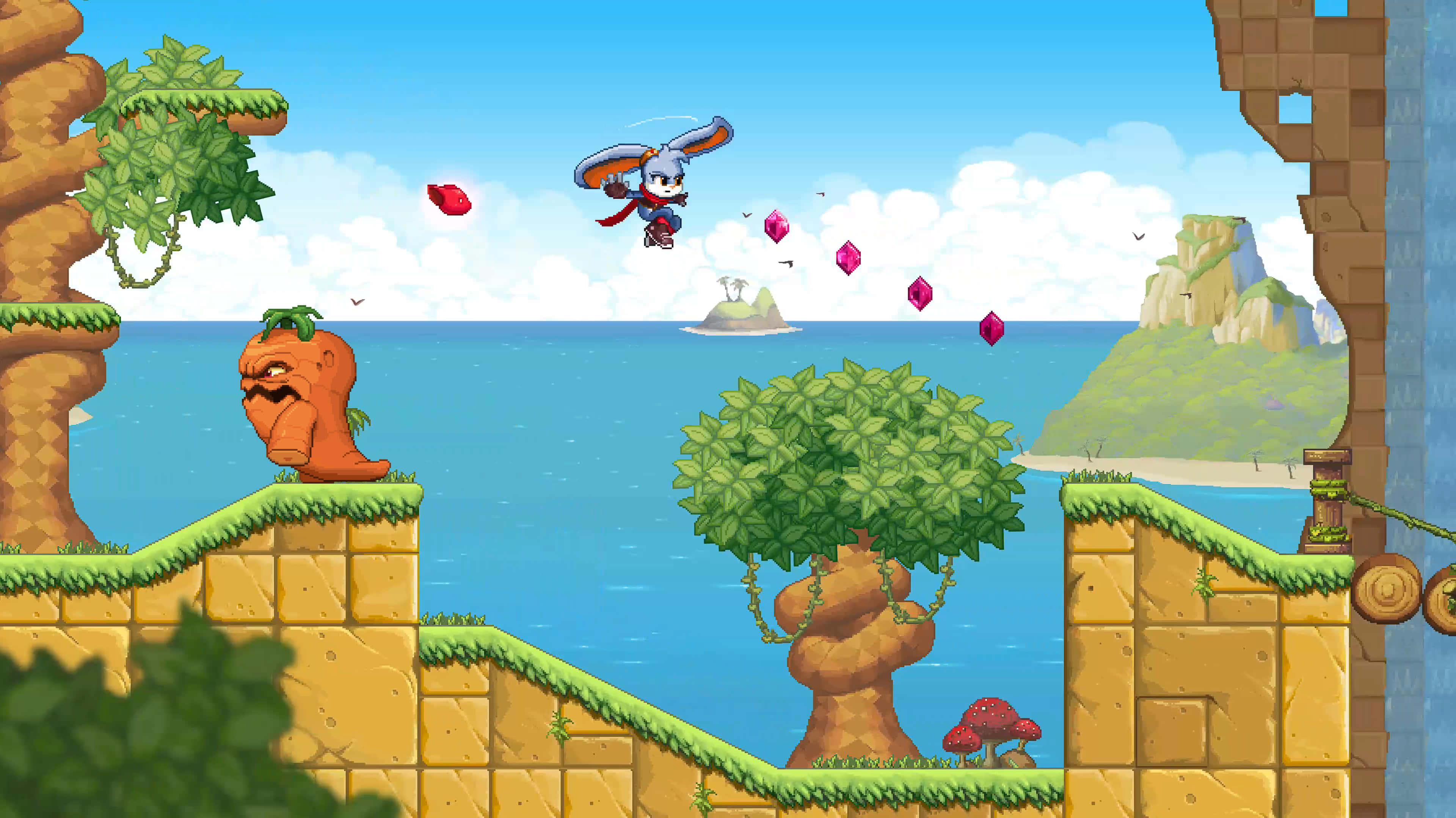 Platform Games 桌布 壁紙 — 一隻帶翅膀的像素藝術兔子在明亮的藍色海洋上的石頭平台之間跳躍，收集粉紅色寶石。