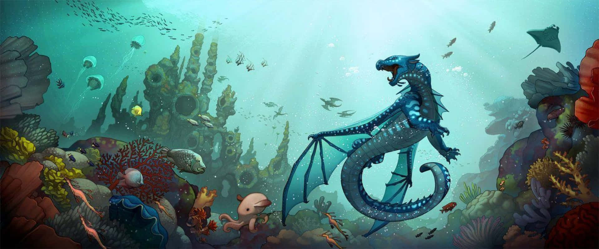 Wings Of Fire 桌布 壁紙 — 一隻帶翅膀的雄偉藍龍在充滿魚類和海洋生物的生機勃勃的珊瑚礁中滑翔。