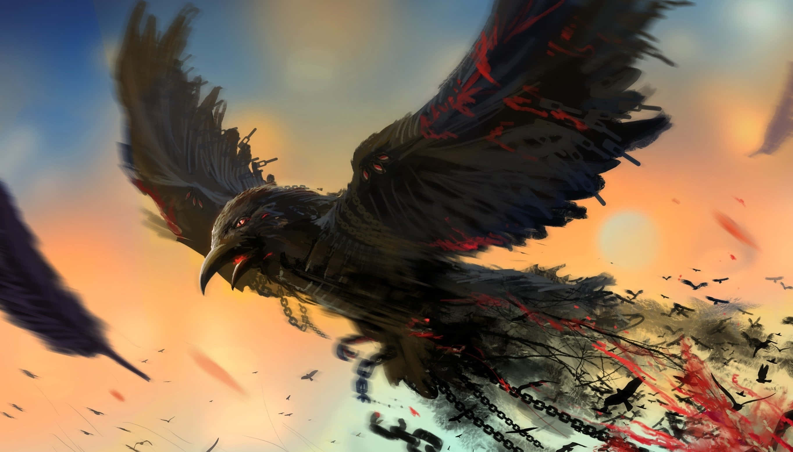 Raven 桌布 壁紙 — 一隻帶血翅膀的黑色烏鴉在熾熱的日落天空中翱翔，打破命運的鎖鏈。