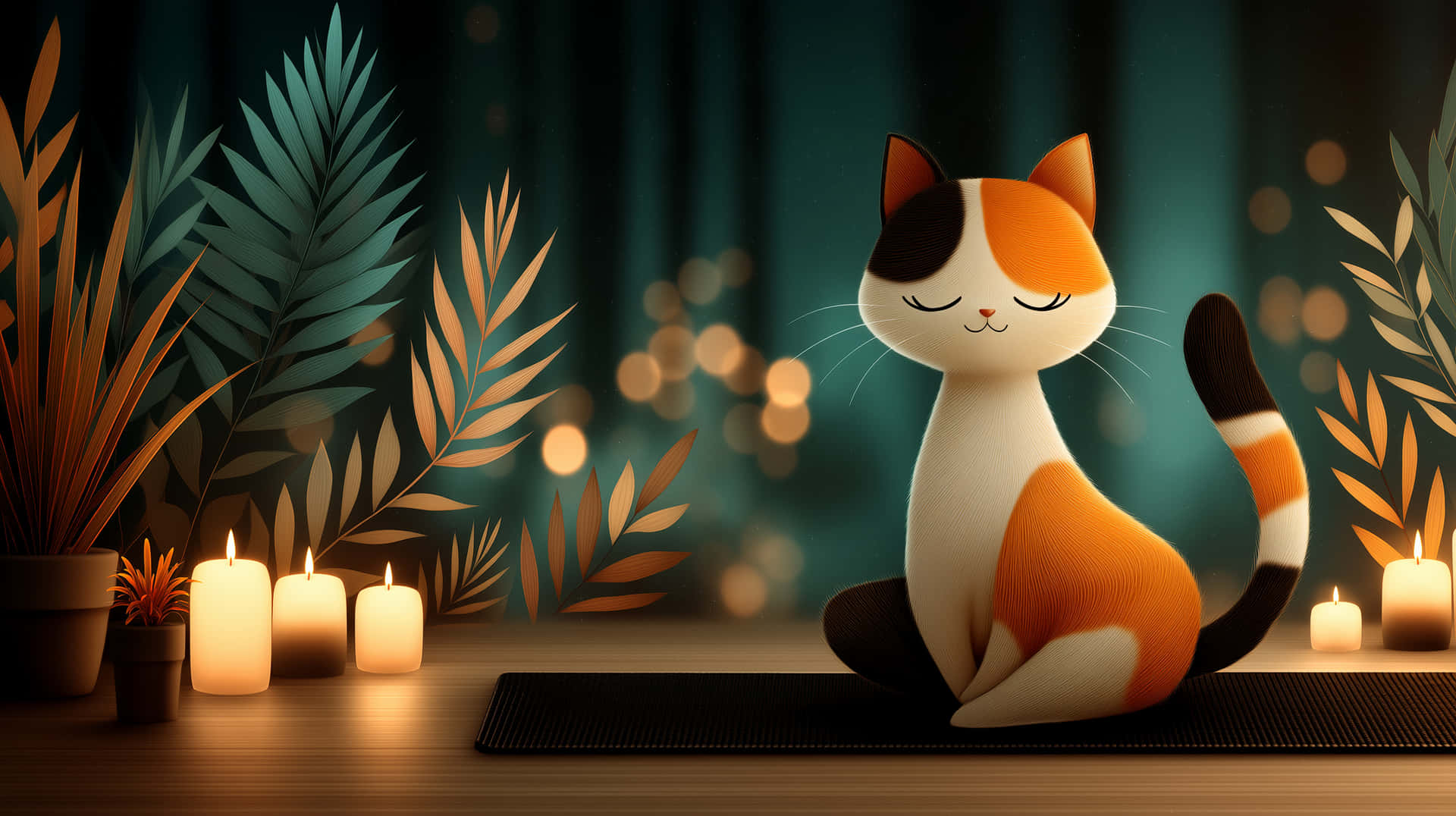 Calico Cartoon Cat Meditating in a Tranquil Candlelit Scene 壁紙 — 一隻平靜的三色貓盤腿坐在墊子上，周圍是點燃的蠟燭和熱帶植物，在柔和散景燈光下。