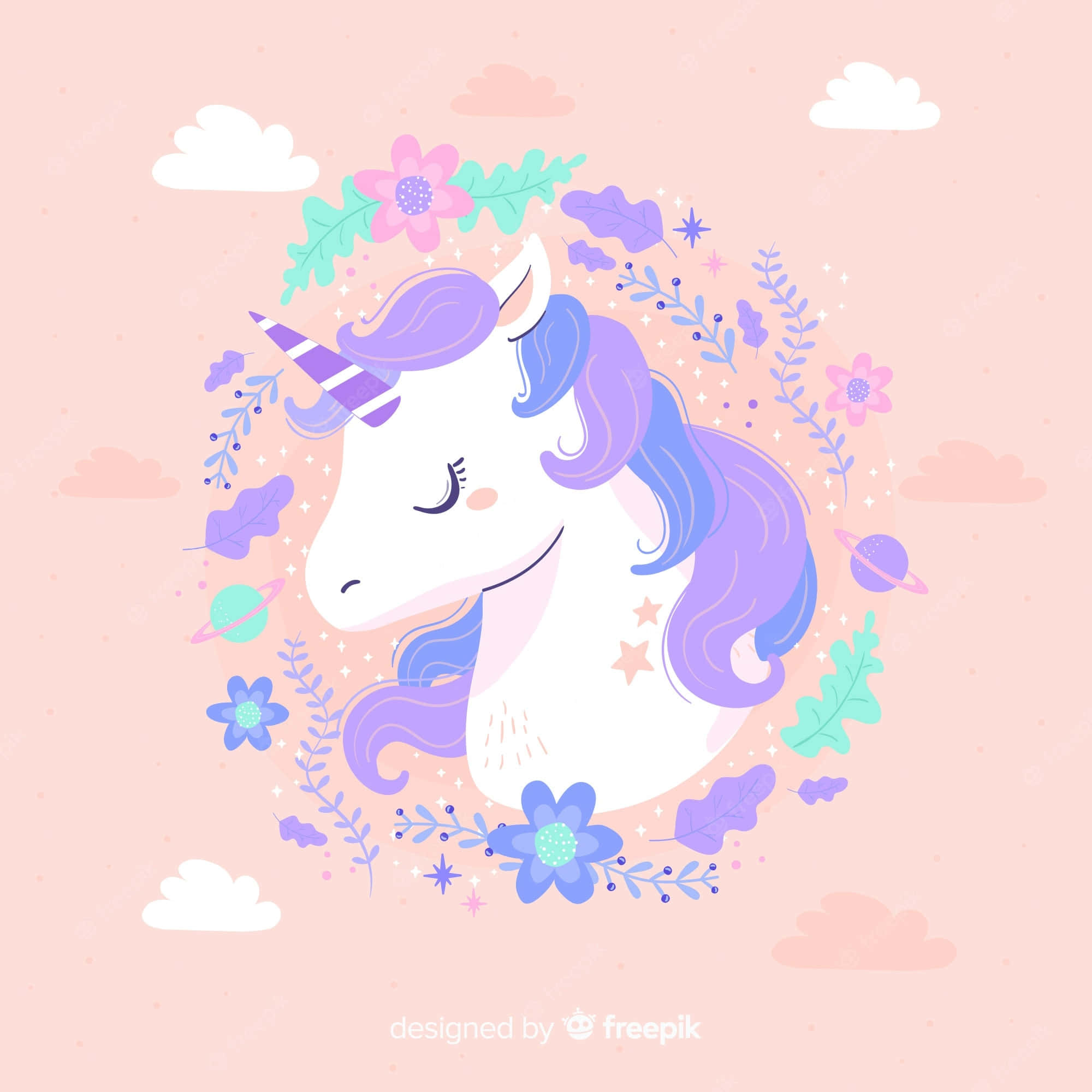 Pastel Unicorn 桌布 壁紙 — 一隻平靜的卡通獨角獸，擁有紫色鬃毛和條紋角，在花卉和宇宙花環中安詳地休息，背景是粉彩粉紅色的天空。