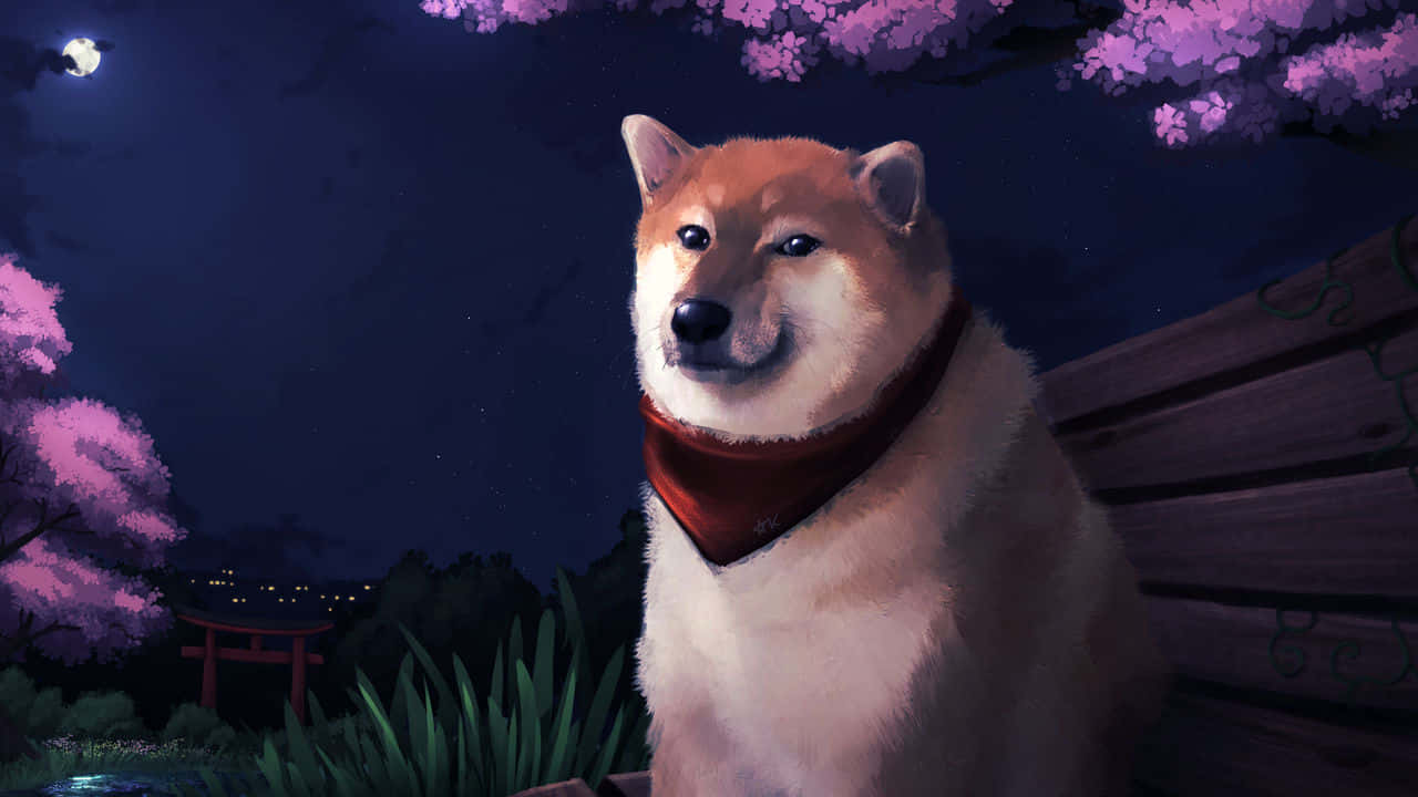 Cheems 桌布 壁紙 — 一隻平靜的柴犬戴著紅色頭巾，坐在木長椅上，背景是發光的粉紅櫻花和滿月。