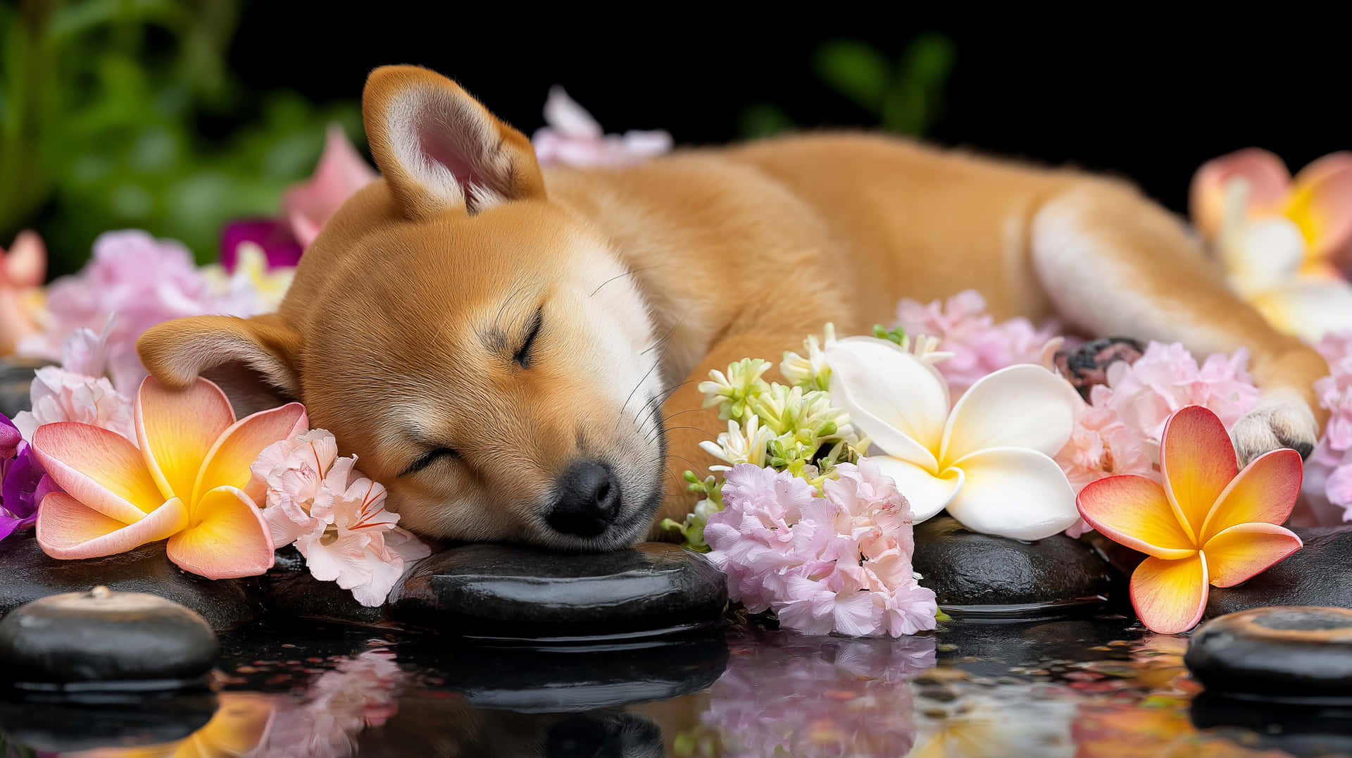 Peaceful Shiba Puppy Sleeping on a Dark Stone with Pink Flowers 壁紙 — 一隻平靜的棕褐色小狗在光滑的黑色石頭上安詳地睡著，周圍環繞著鮮豔的粉紅色和白色熱帶花朵。
