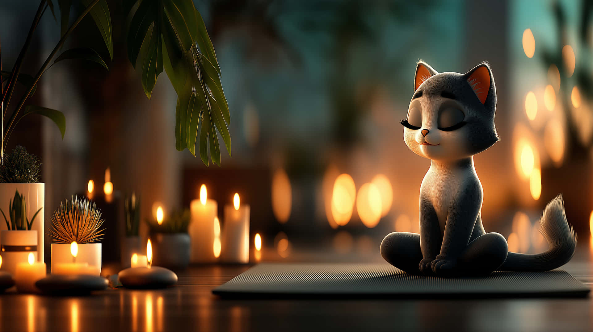 Peaceful Cartoon Cat Meditating in Lotus Pose with Candles 壁紙 — 一隻平靜的灰色卡通貓在溫暖的環境中盤腿坐在瑜伽墊上，周圍環繞著發光的蠟燭和綠色植物。