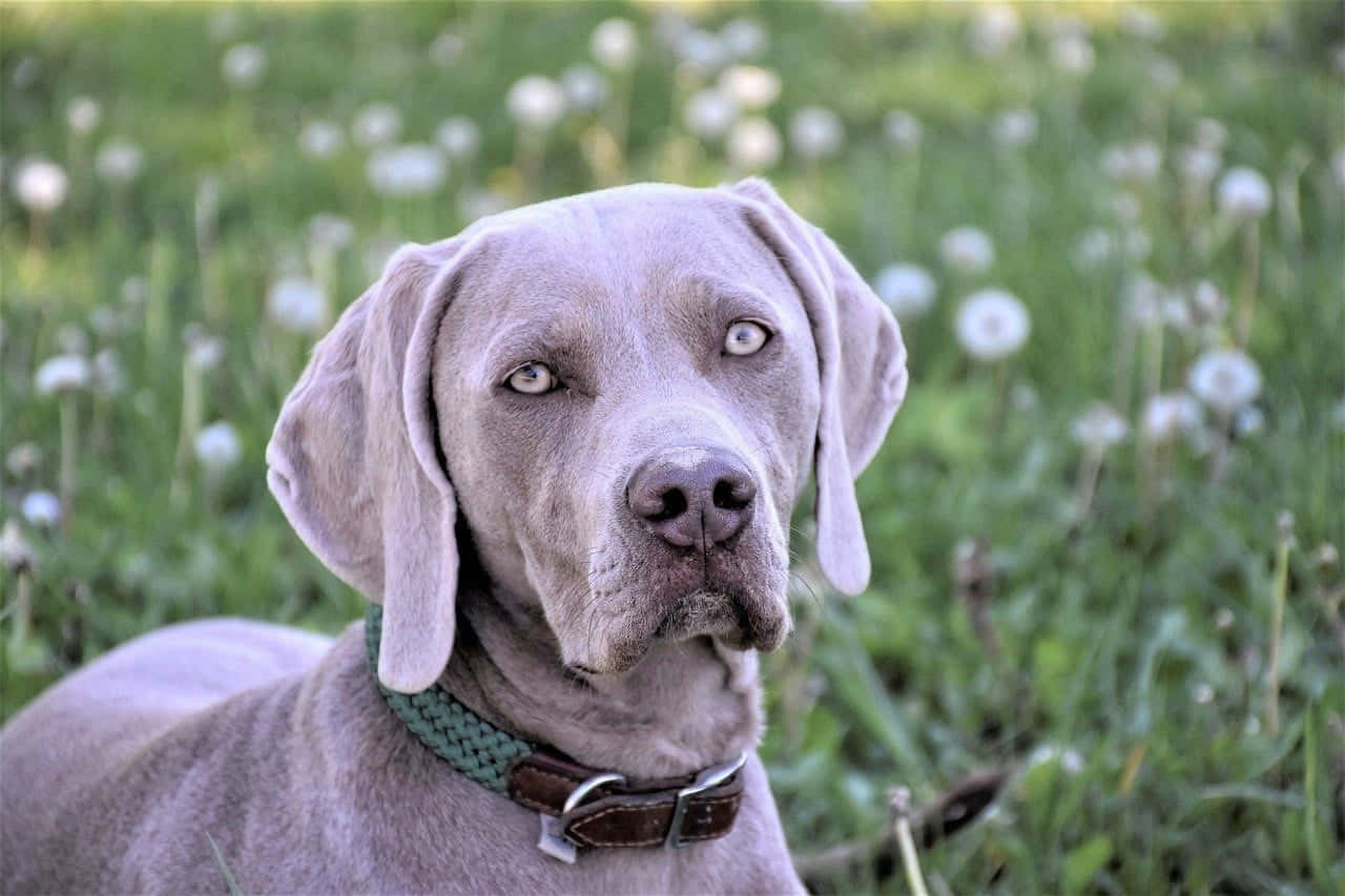 Weimaraner 桌布 壁紙 — 一隻平靜的灰色威瑪獵犬，擁有引人注目的淺色眼睛，在白色蒲公英花叢中靜靜凝視。