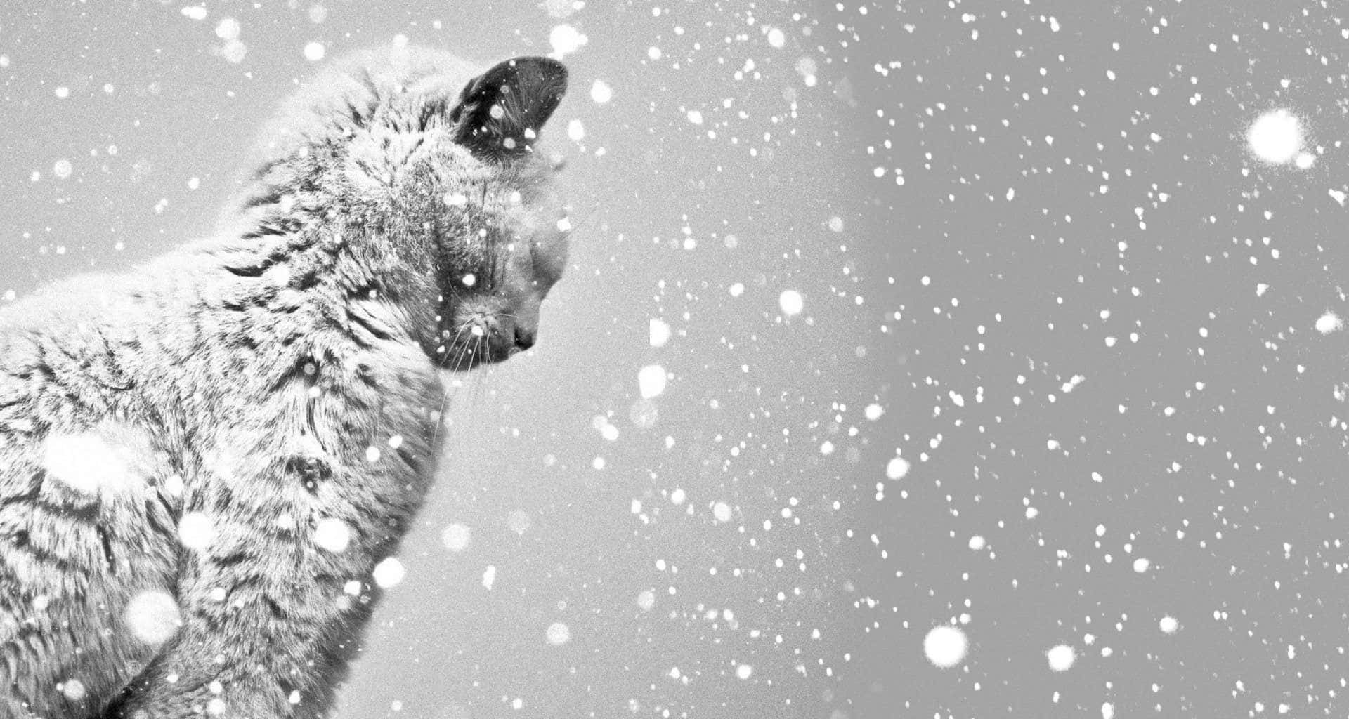 可愛貓咪 桌布 壁紙 — 一隻平靜的灰色貓咪坐在雪景中，雪花輕輕飄落在牠周圍，呈現單色調。
