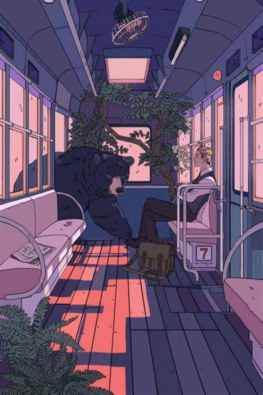 Aesthetic Drawings 桌布 壁紙 — 一隻平靜的熊坐在一個孤獨的乘客旁邊，在一輛充滿茂密綠色植物和溫暖粉紅光的超現實火車車廂裡。