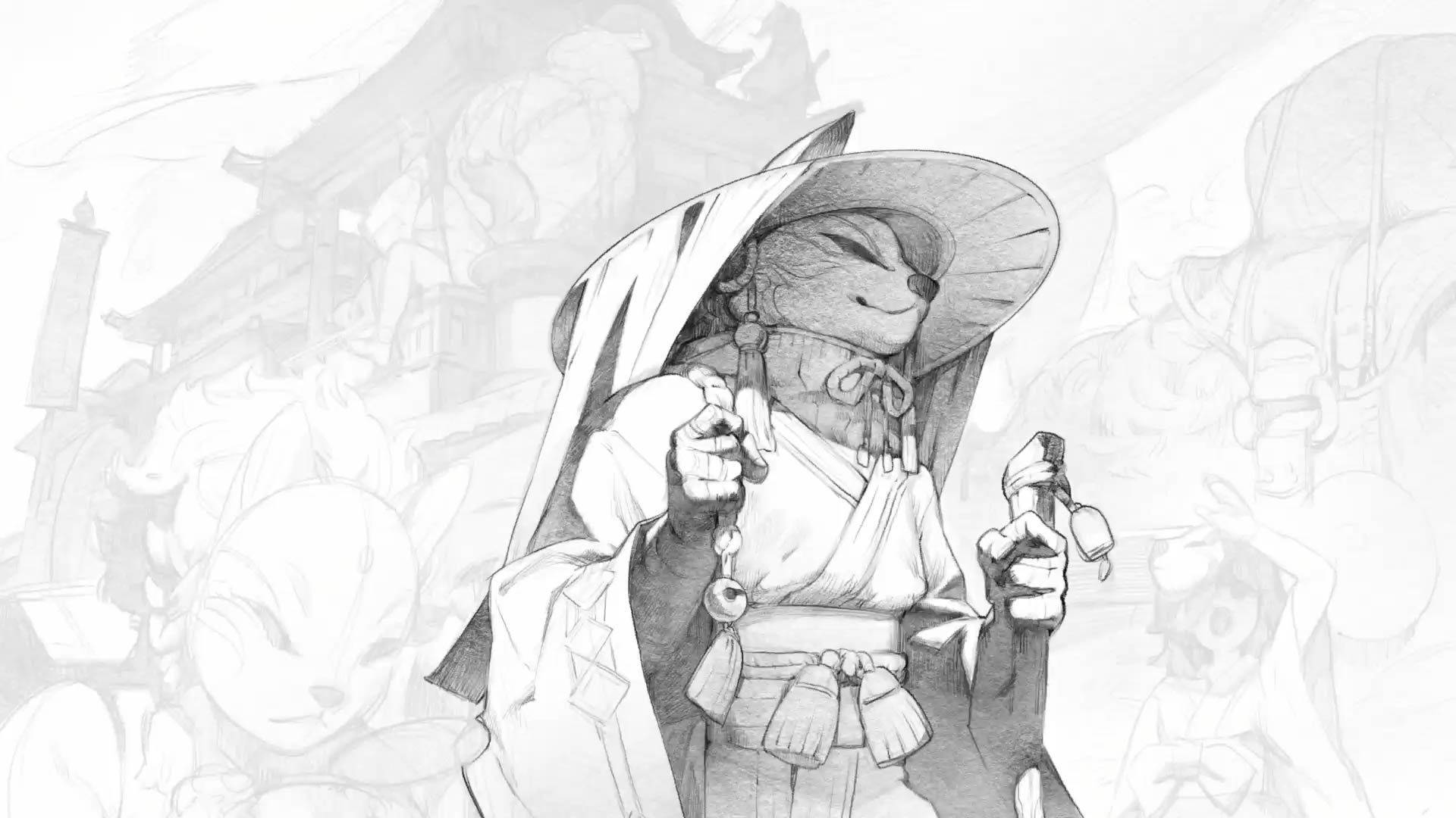 黑白藝術 桌布 壁紙 — 一隻平靜的狐狸精靈穿著傳統長袍和寬邊帽，在柔和勾勒的神社背景前手持法杖和念珠。