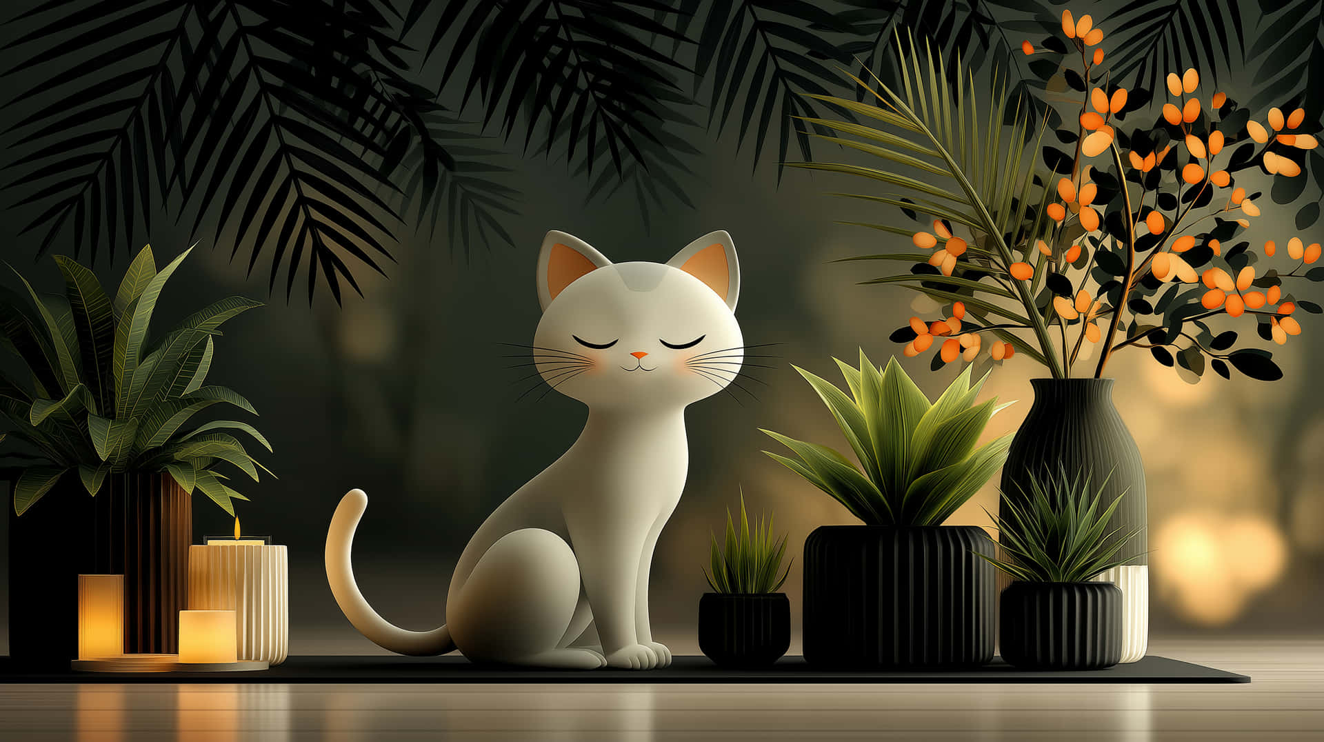 Zen Cartoon Cat Amidst Lush Greenery and Subtle Lighting 壁紙 — 一隻平靜的白貓閉著眼睛，靜靜地坐在盆栽植物和發光蠟燭之間，在黑暗的棕櫚葉下。