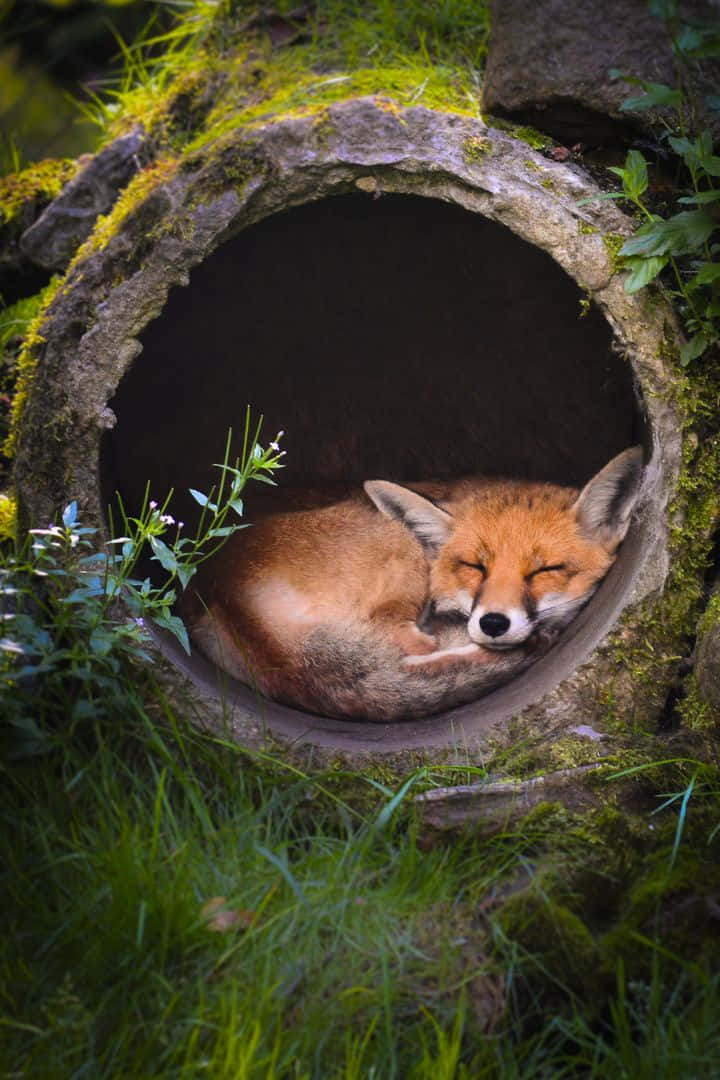 動物 桌布 壁紙 — 一隻平靜的紅狐蜷縮在長滿苔蘚的石管內睡覺，周圍是茂密的綠草和野花。