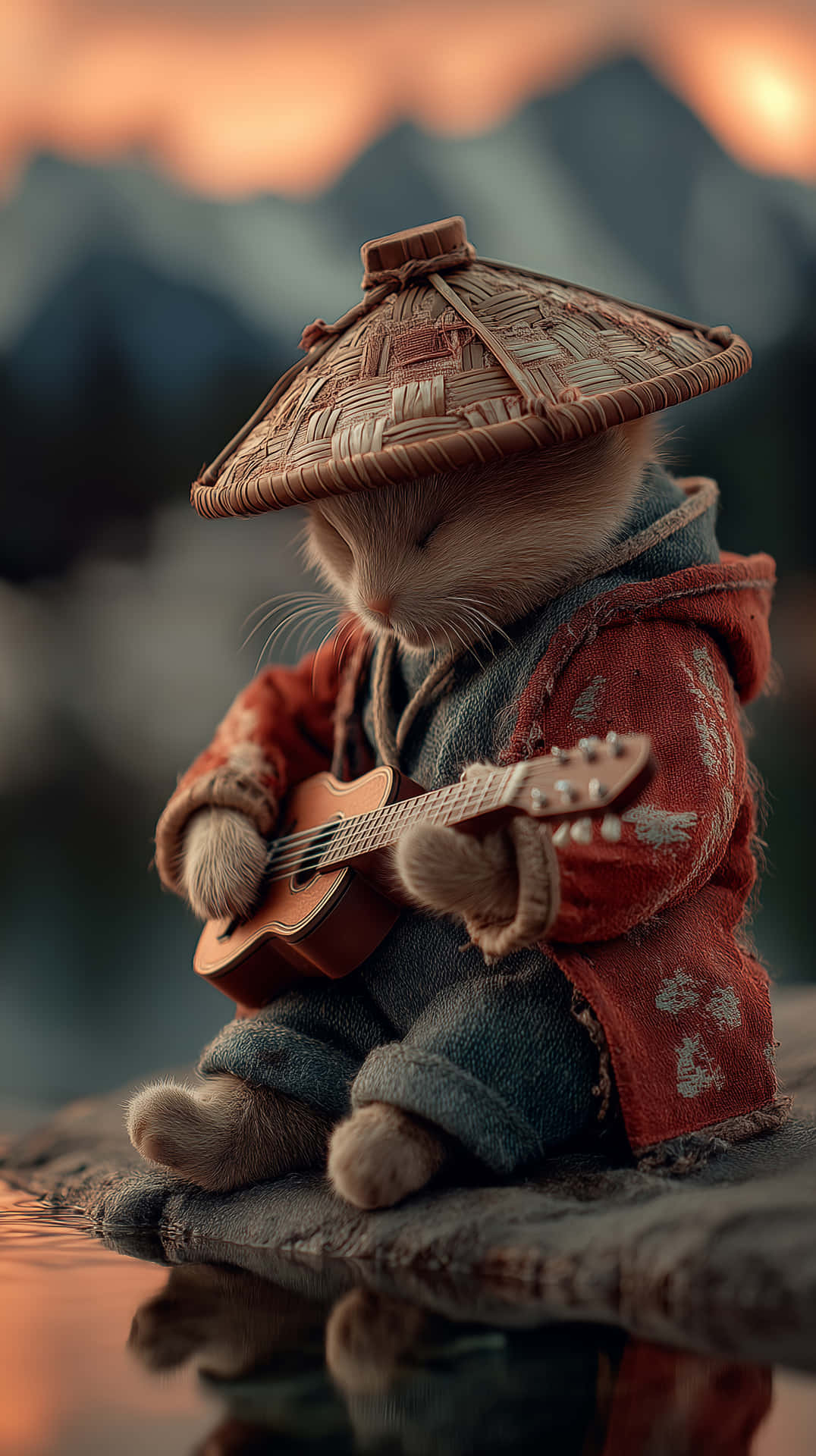 Adventurous Cat Musician with Guitar in a Mountain Landscape 壁紙 — 一隻平靜的貓咪戴著編織帽和紅色長袍，在日落時分的水邊彈奏小吉他，背景有山巒。