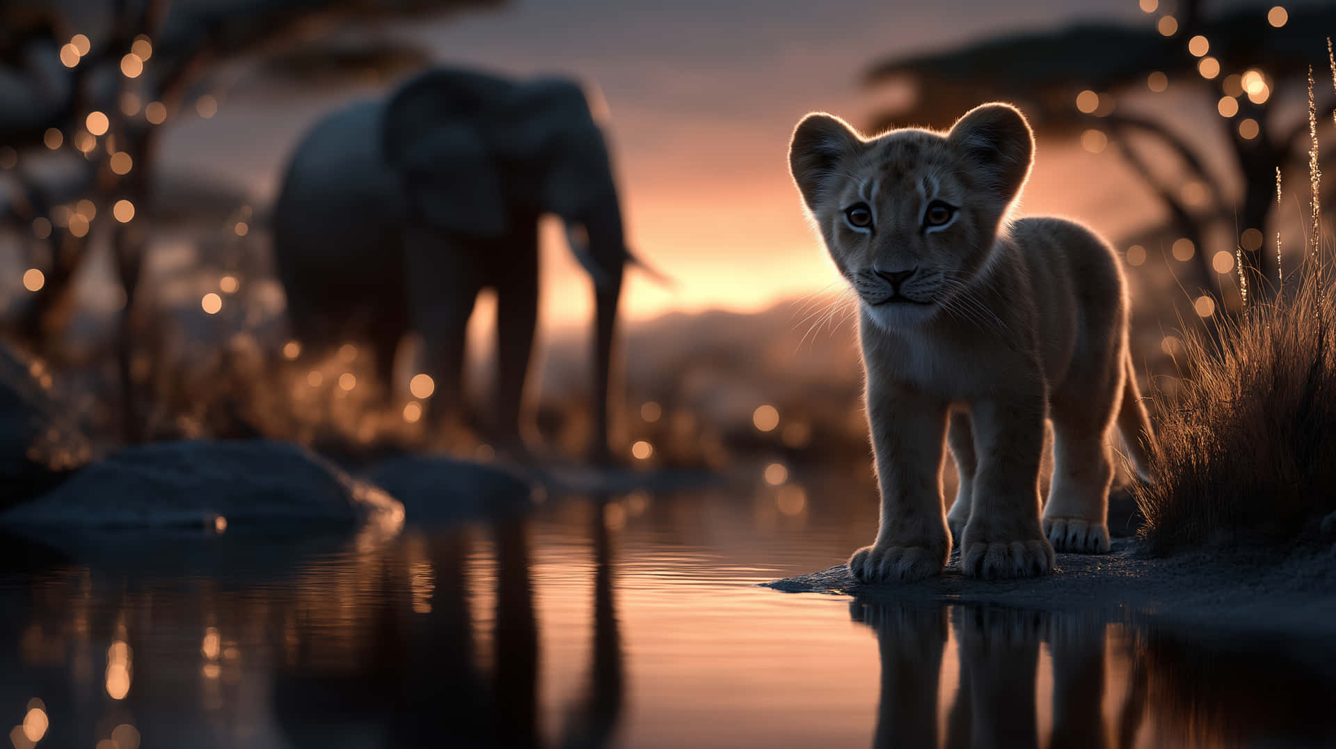 Adorable Lion Cub at Sunrise on the African Savannah 壁紙 — 一隻年輕獅子幼崽在日落時站在水邊，背景有大象剪影。