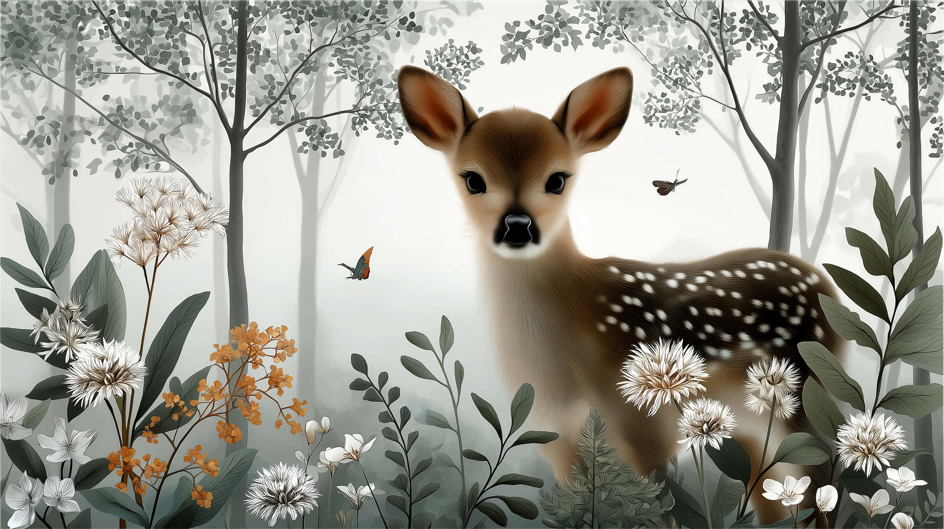 Adorable Fawn in a Mystical Woodland with Butterflies 壁紙 — 一隻年輕的斑點小鹿站在迷霧森林中，周圍有白色和橙色的花朵，蝴蝶在附近翩翩起舞。