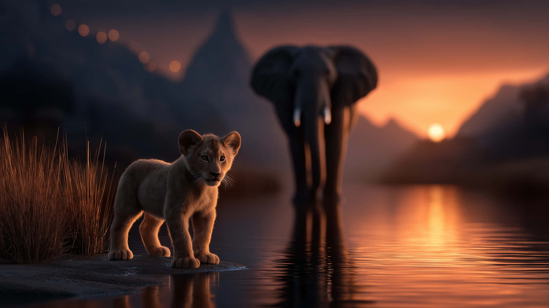 Lion Cub's First Light: African Savannah Sunrise Moment 壁紙 — 一隻年輕的獅子幼崽警覺地站在河岸上，一頭巨大的大象在日落時分穿過水面，背景有山脈。