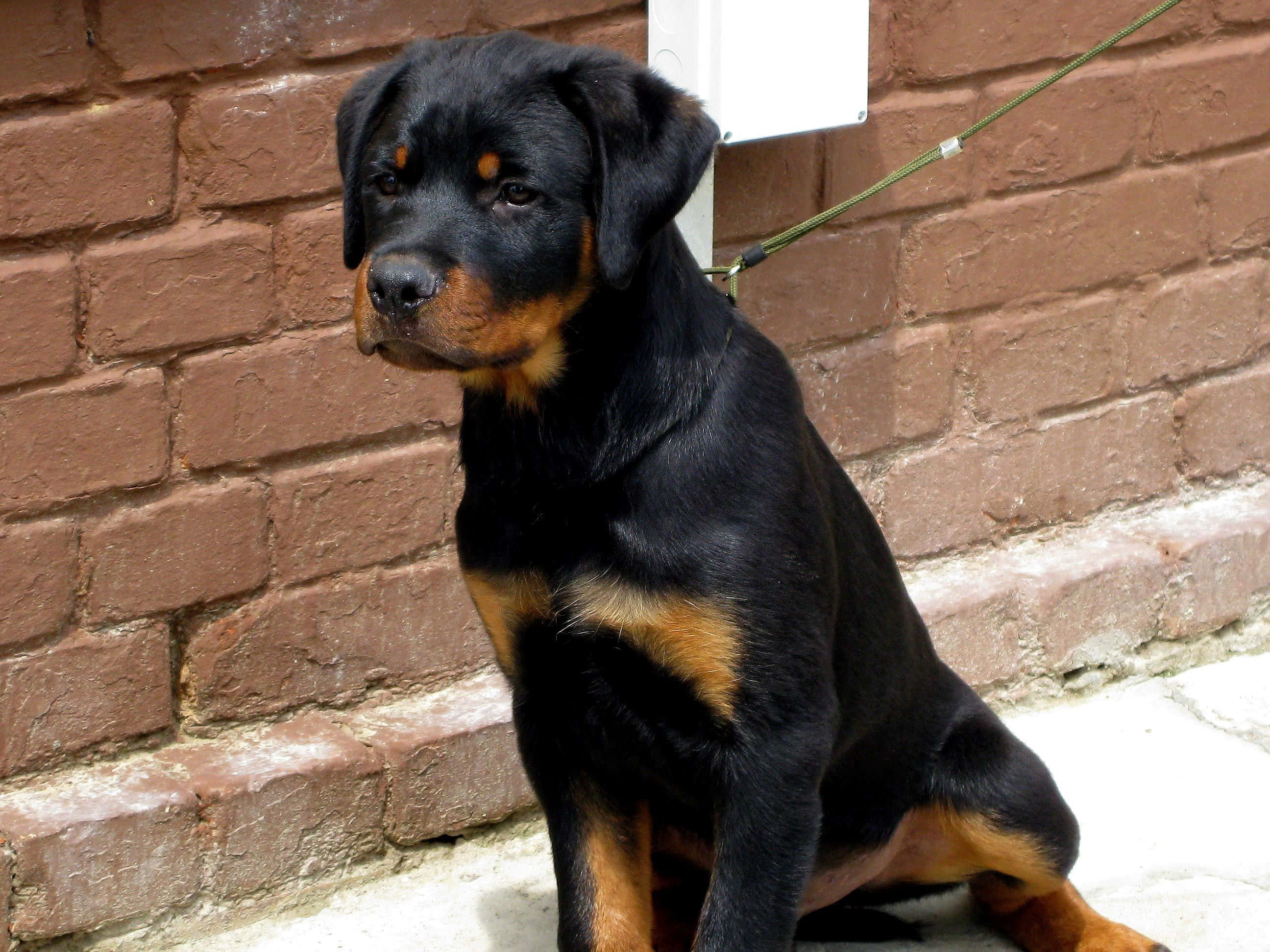 羅威那犬 桌布 壁紙 — 一隻年輕的羅威納幼犬，毛色黑褐相間，平靜地坐在人行道上，背後是風化的磚牆。
