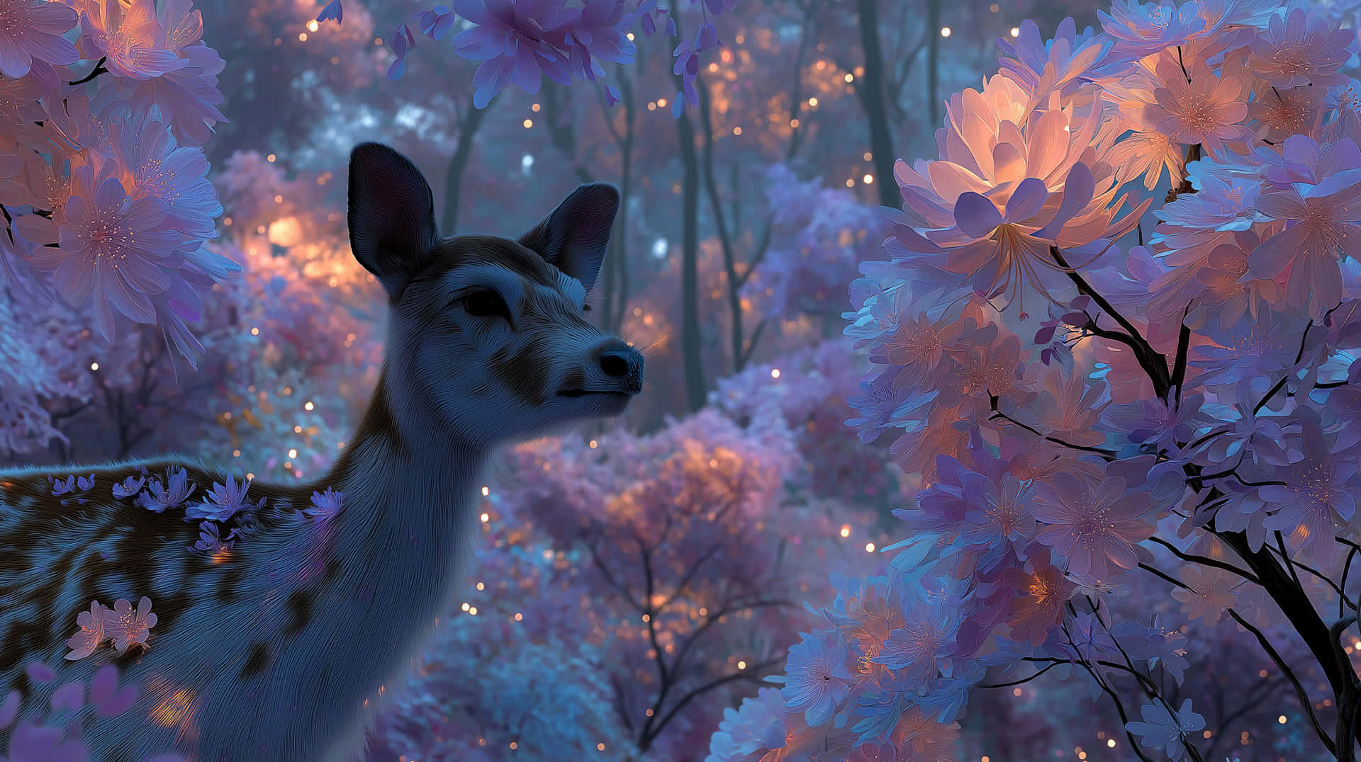 Graceful Deer with Glowing Spots in a Magical Fantasy Forest 壁紙 — 一隻年輕的鹿在神奇的暮光森林中，在發光的粉紅色和紫色櫻花中靜靜地站立。